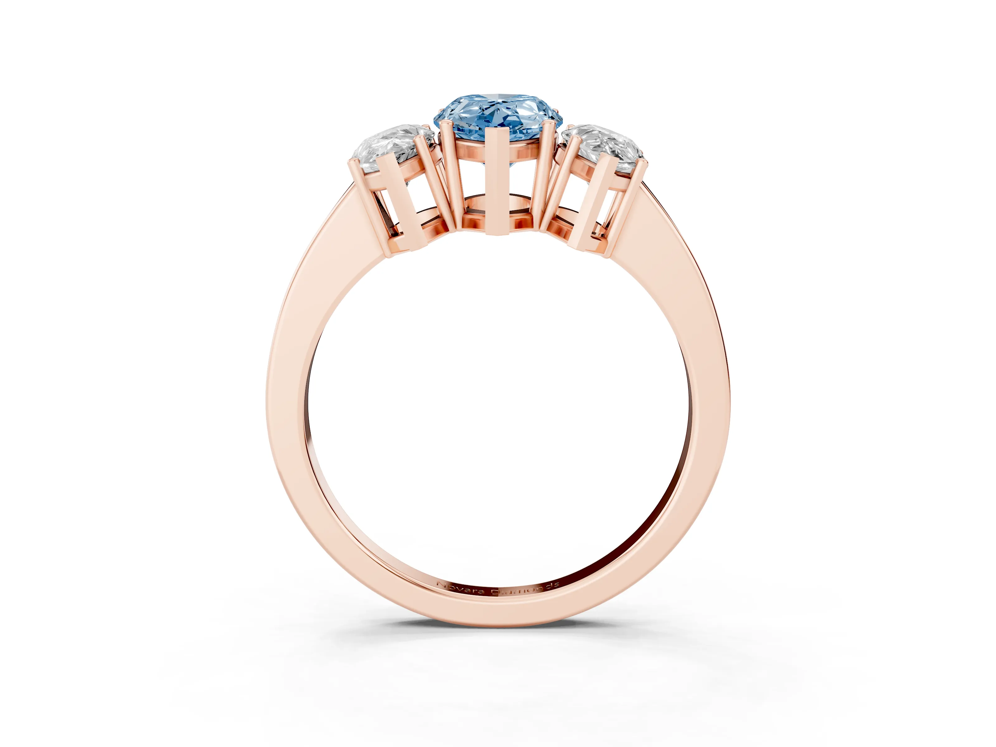 Fancy Blue Pear Cut Diamond Three-Stone Engagement Ring Set in Rose gold with Flat Band