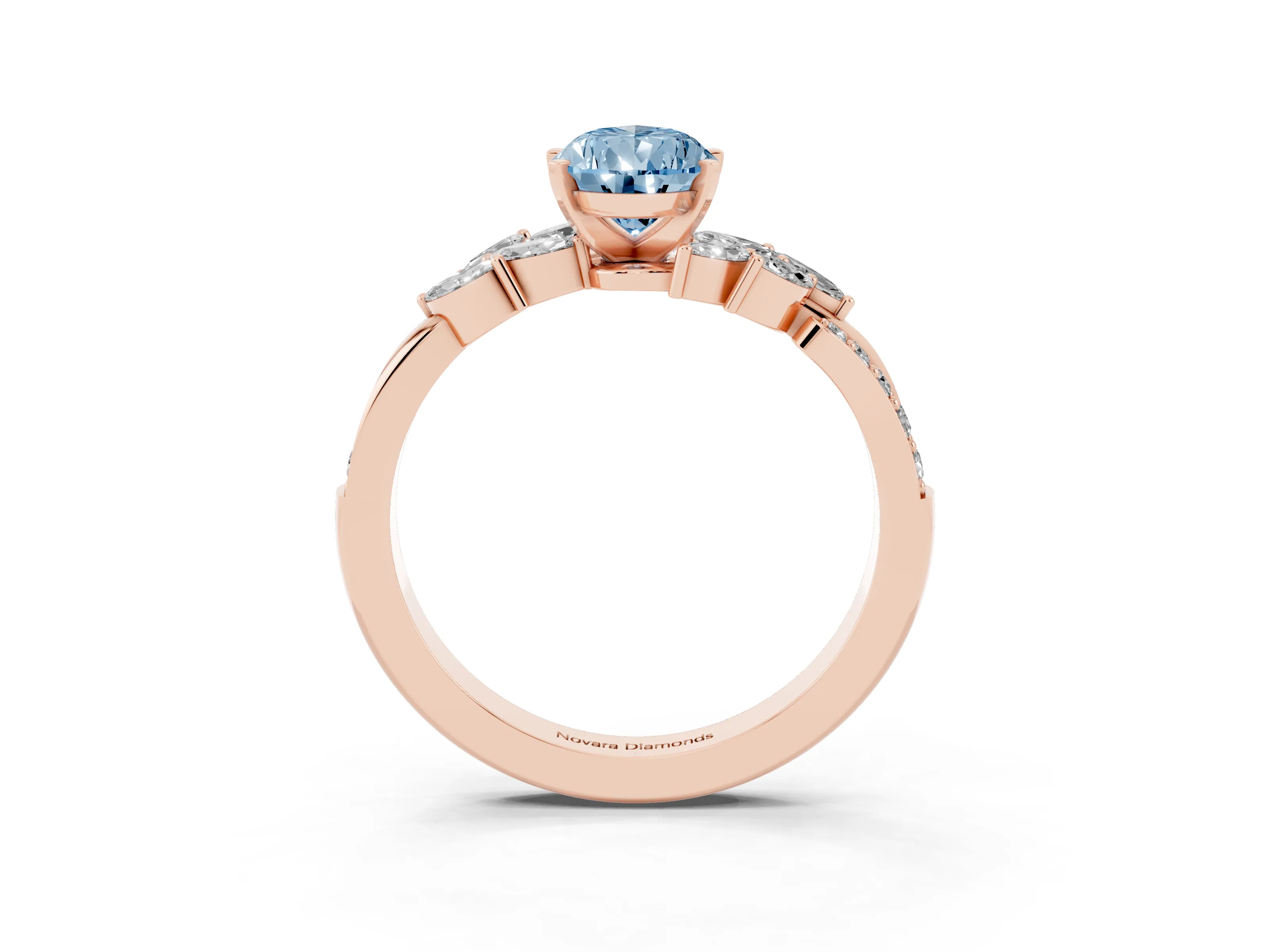Fancy Blue Pear Cut Diamond Solitaire Ring Set in Rose gold with Marquise Twist Band and Prong Setting