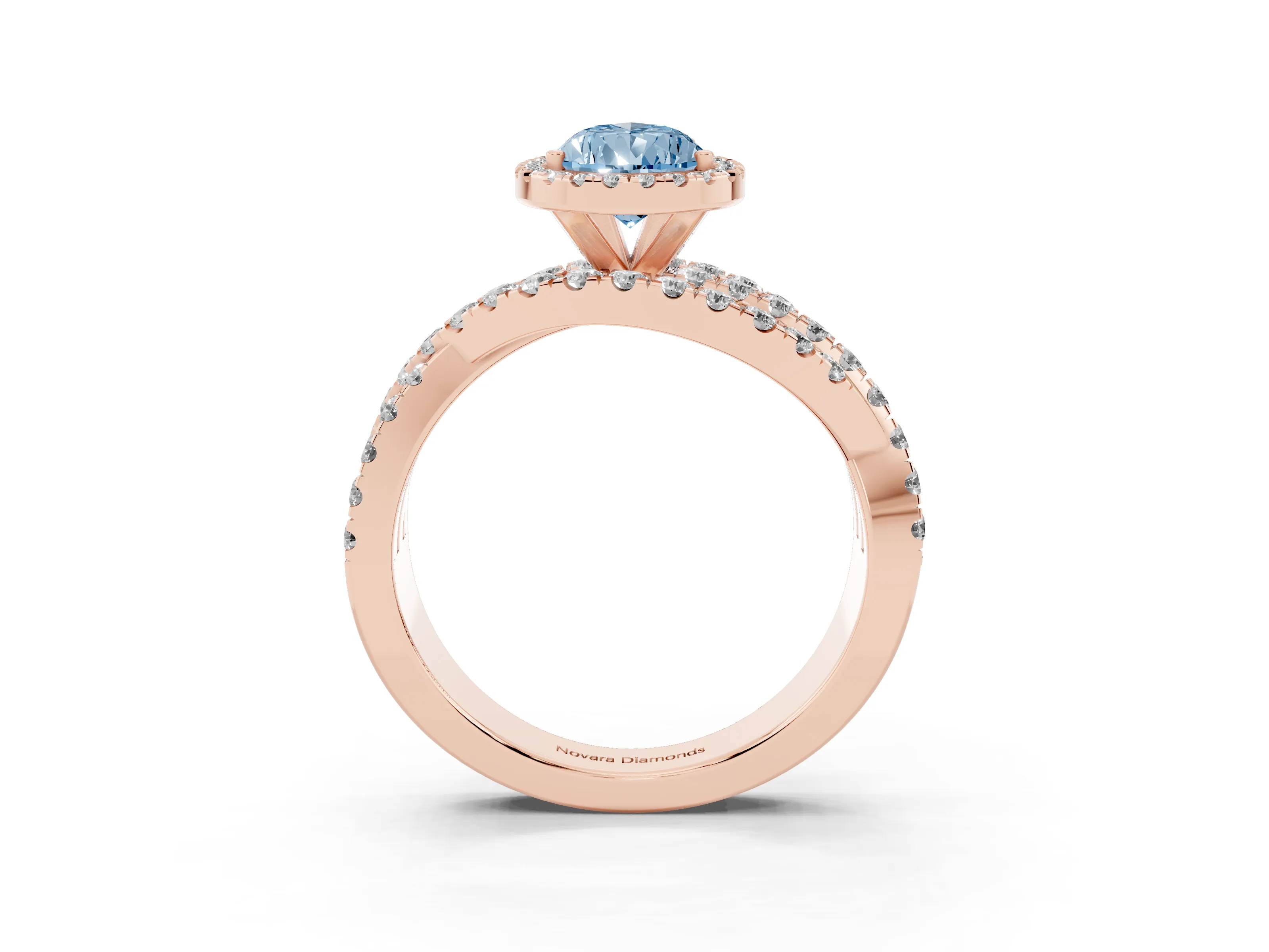 Fancy Blue Pear Cut Diamond Halo Ring Set in Rose gold with Round Crossover Split Shank and Prong Setting