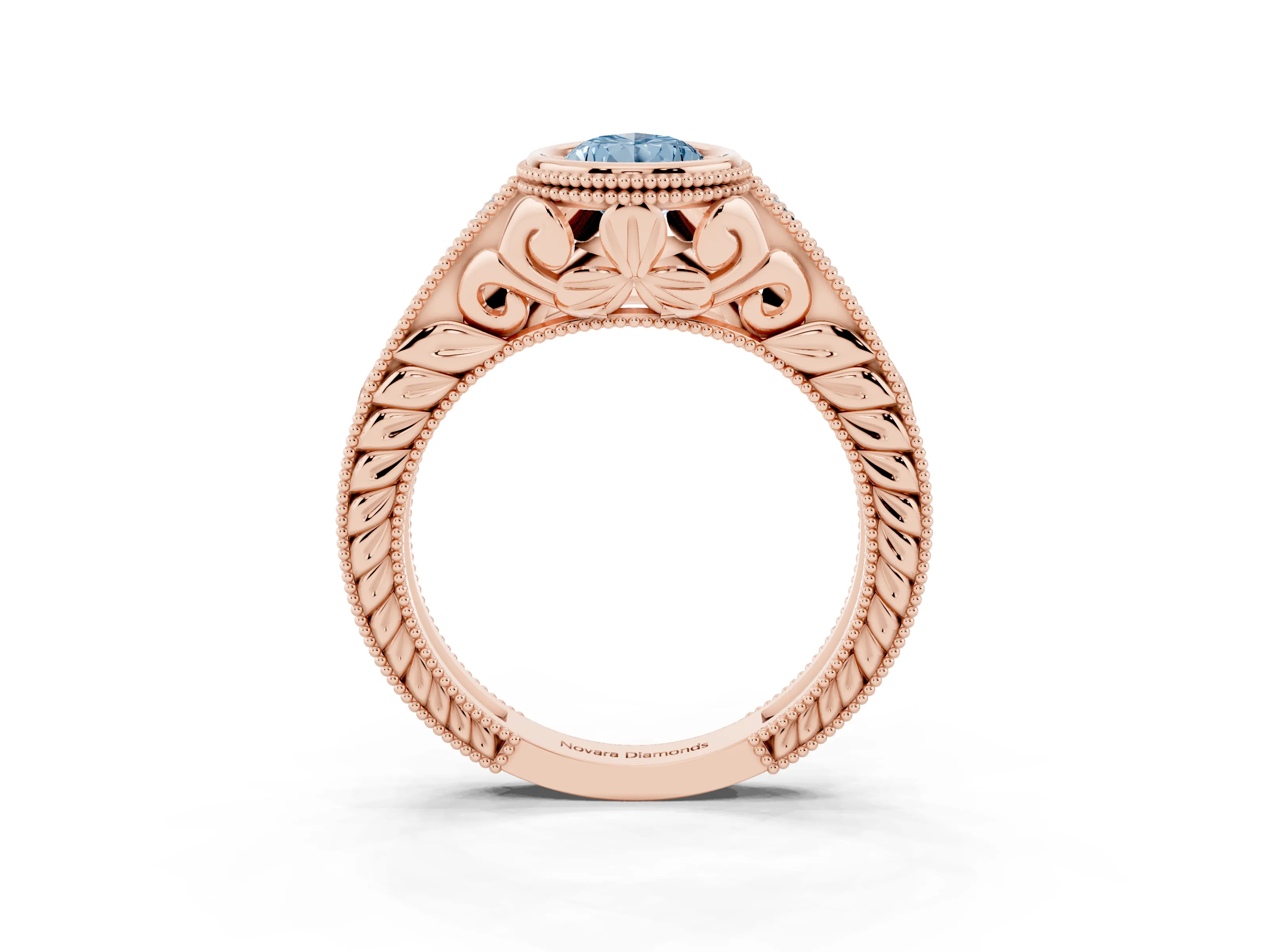 Fancy Blue Bezel Set Pear Cut Diamond Milgrain Pavé Engagement Ring Set in Rose gold