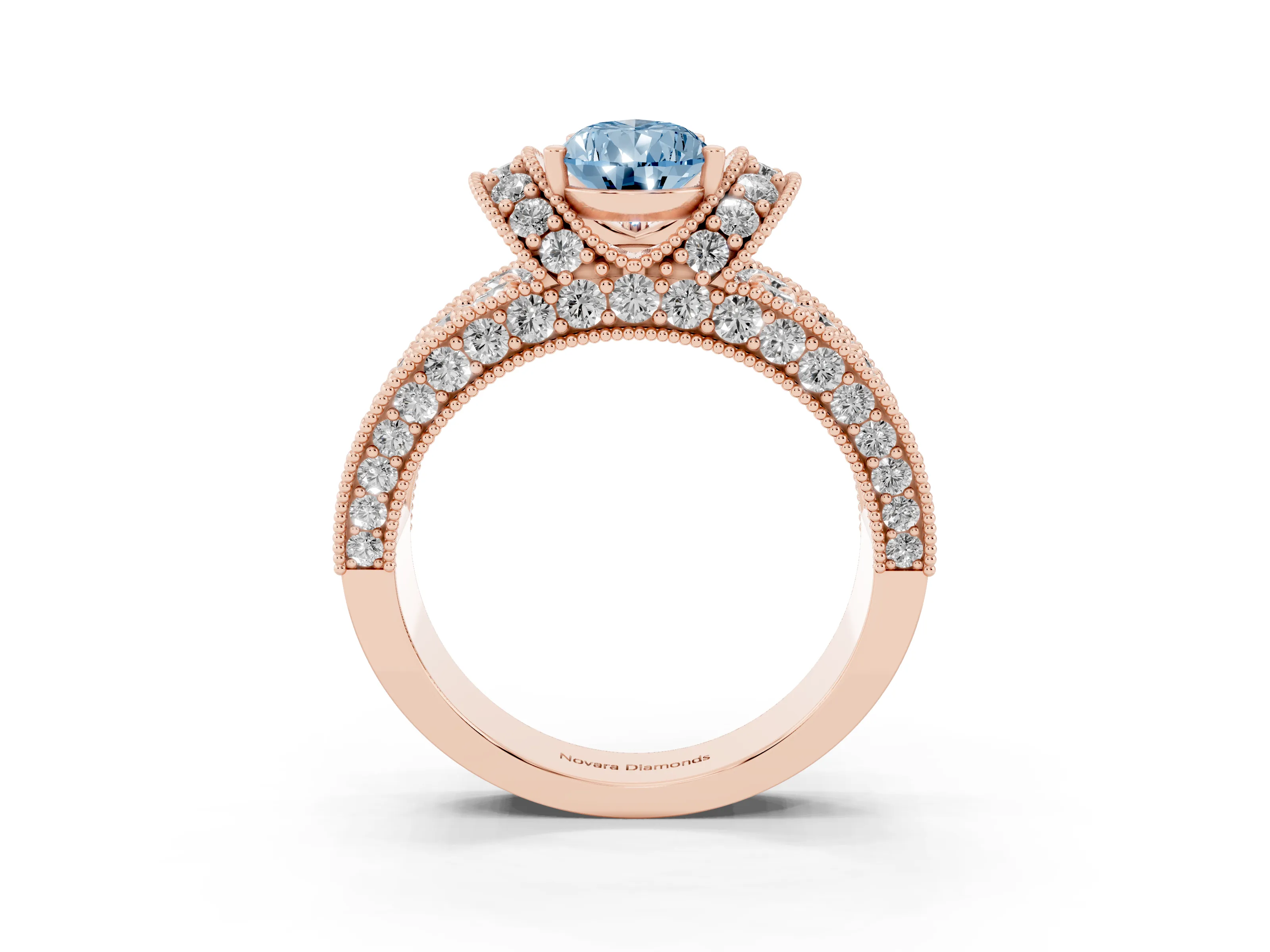 Fancy Blue Pear Cut Diamond Milgrain Halo Pavé Engagement Ring Set in Rose gold with Prong Setting