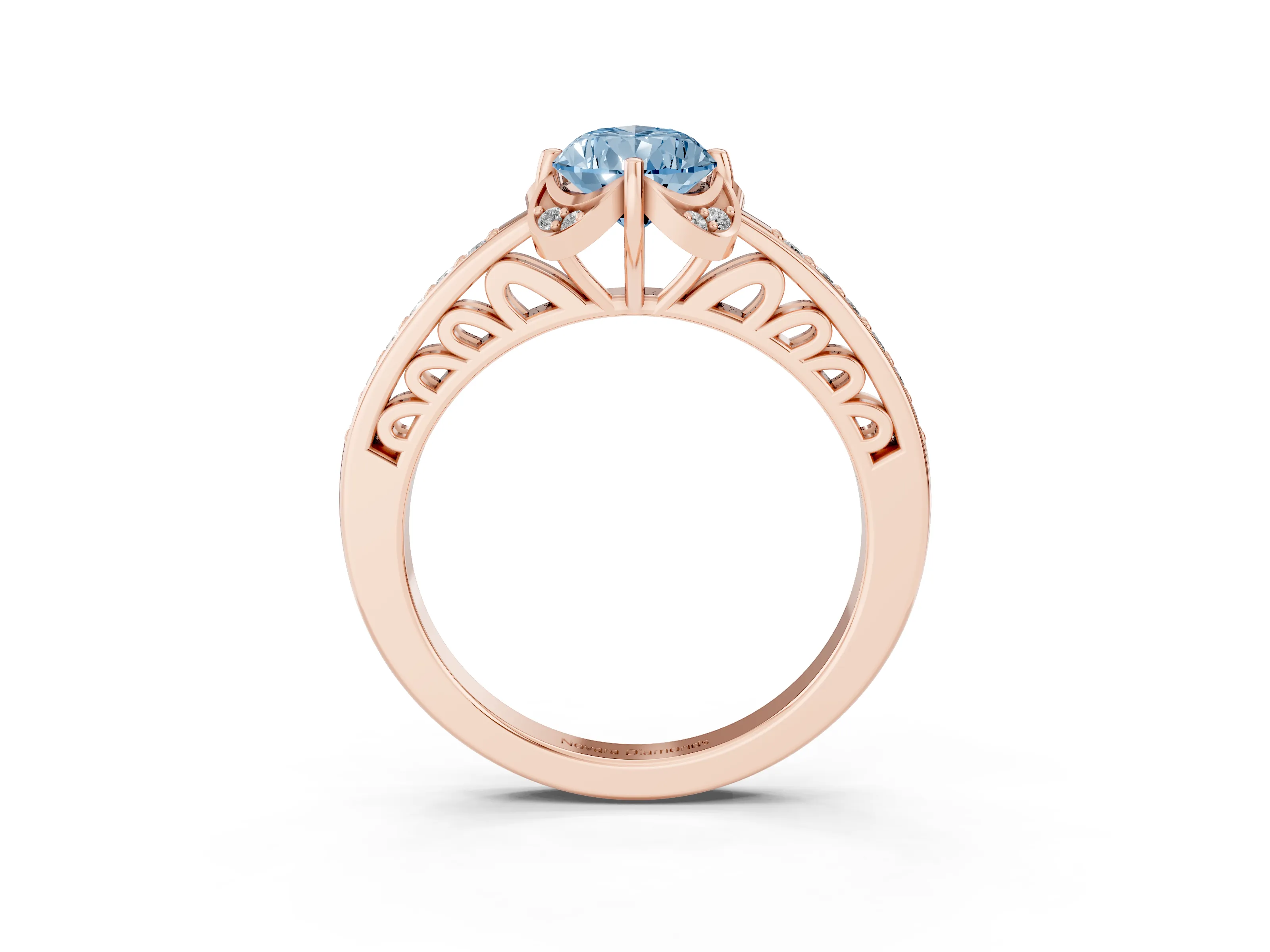 Fancy Blue Pear Cut Diamond Halo Ring Set in Rose gold with Channel Set Band and Prong Setting