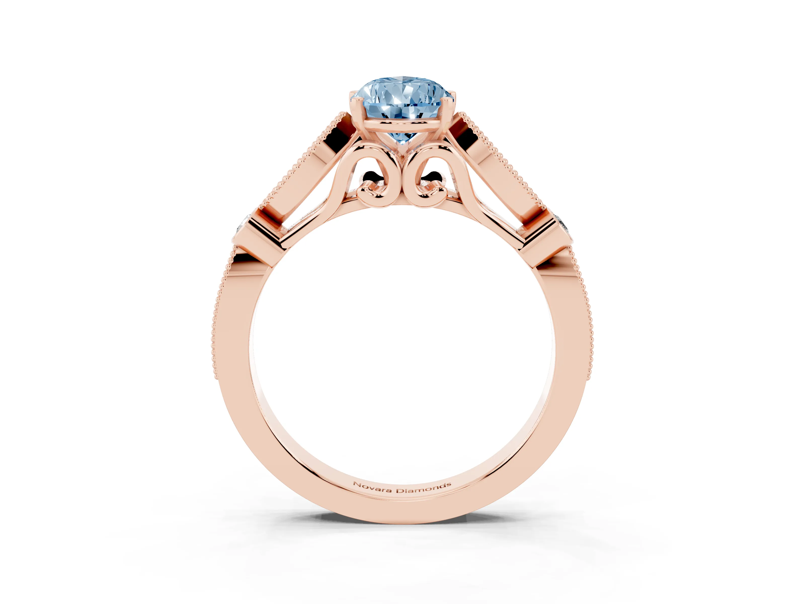 Fancy Blue Pear Cut Diamond Solitaire Ring Set in Rose gold with Milgrain Marquise and Bezel Accents