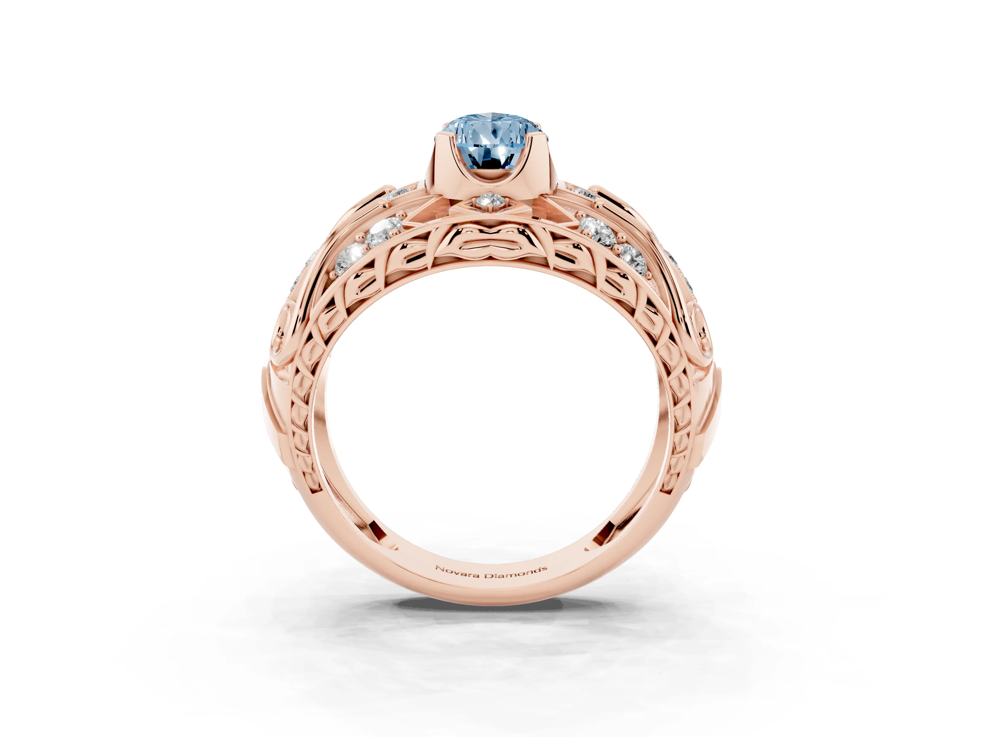 Fancy Blue Pear Cut Diamond Art Deco Ring Set in Rose gold with Pavé Split Shank
