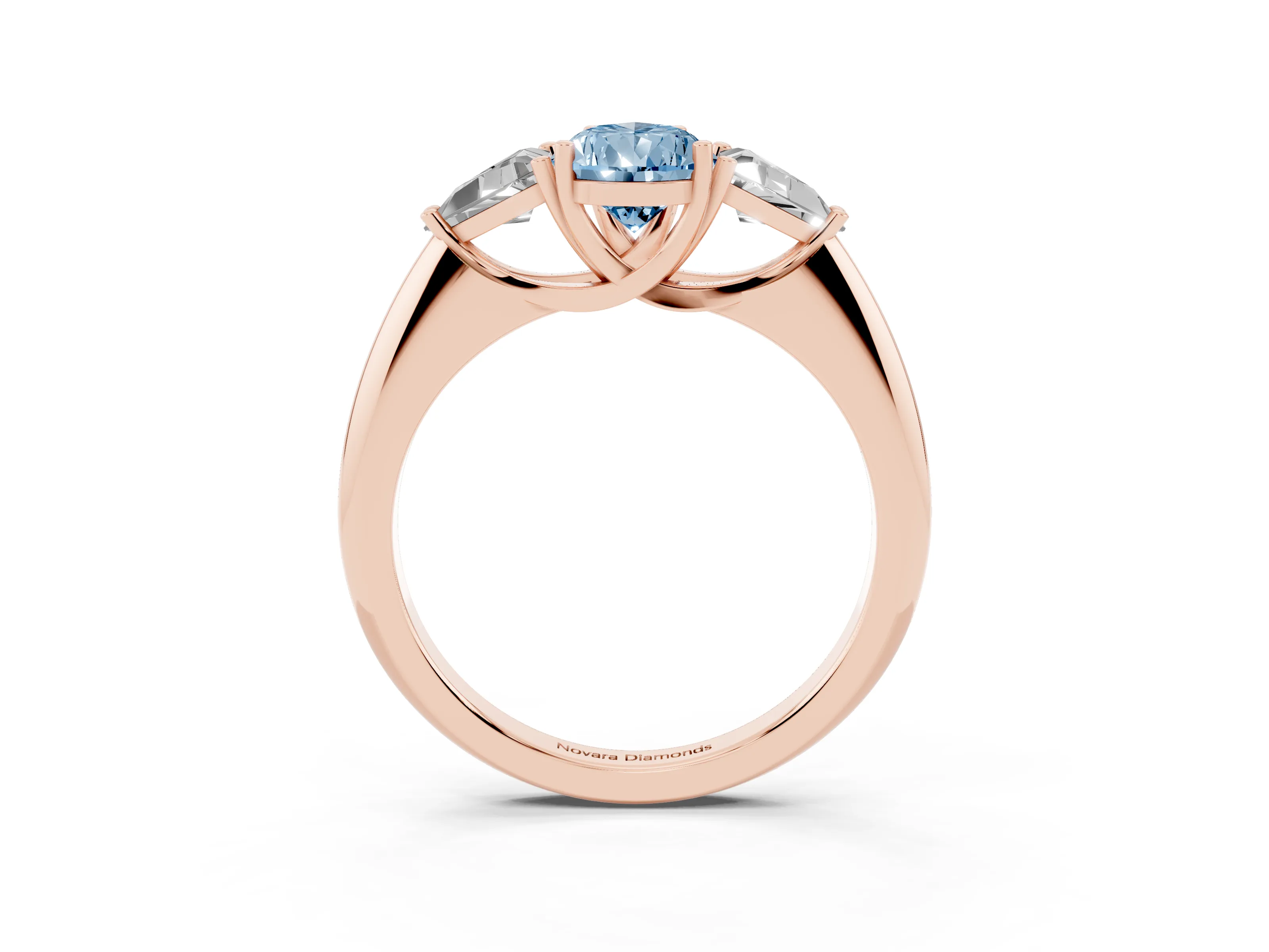 Fancy Blue Pear Cut Diamond Three-Stone Engagement Ring Set in Rose gold with Trillion Side Stones