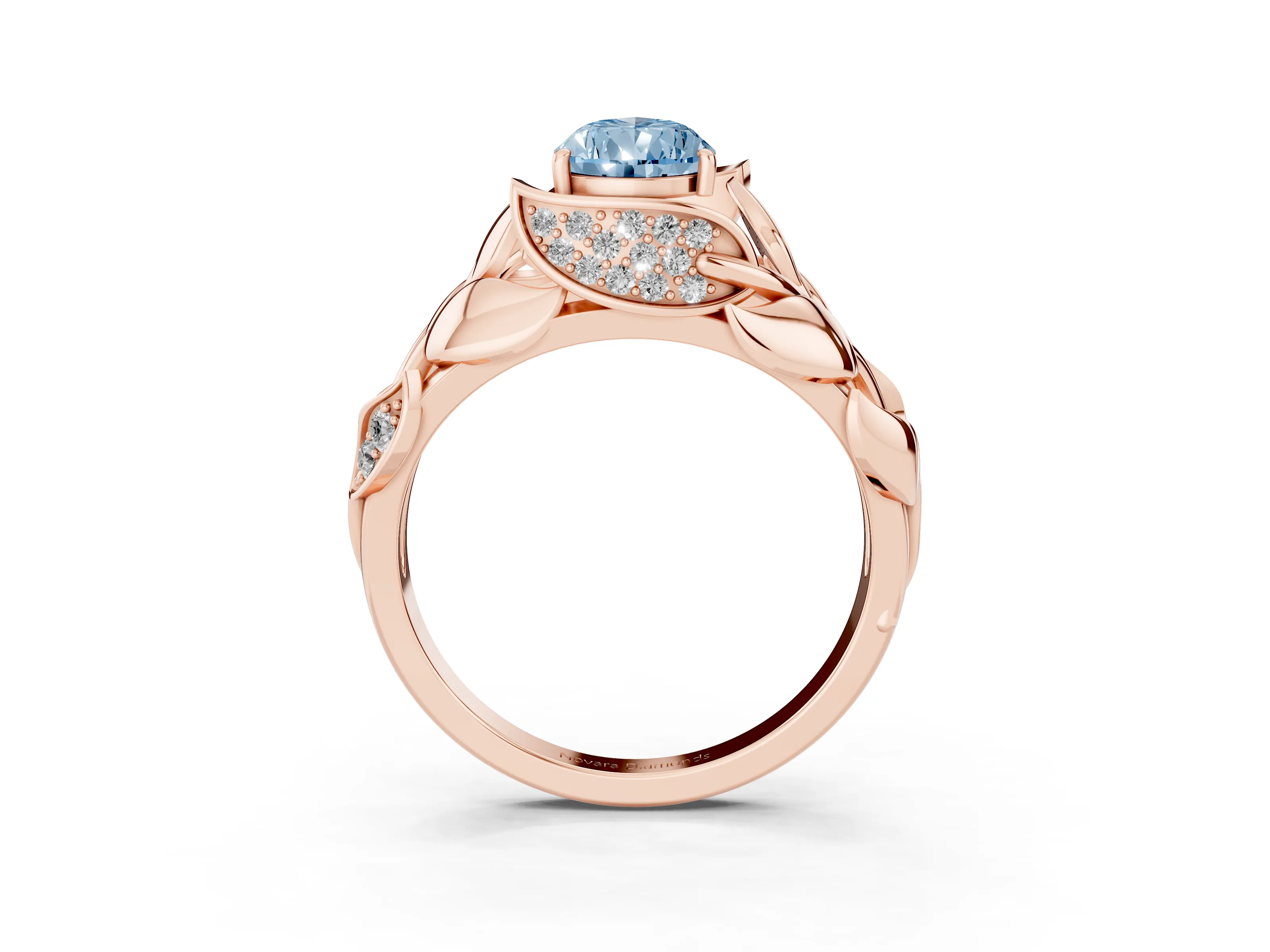 Fancy Blue Pear Cut Diamond Leaf-Inspired Engagement Ring Set in Rose gold with Round Accents