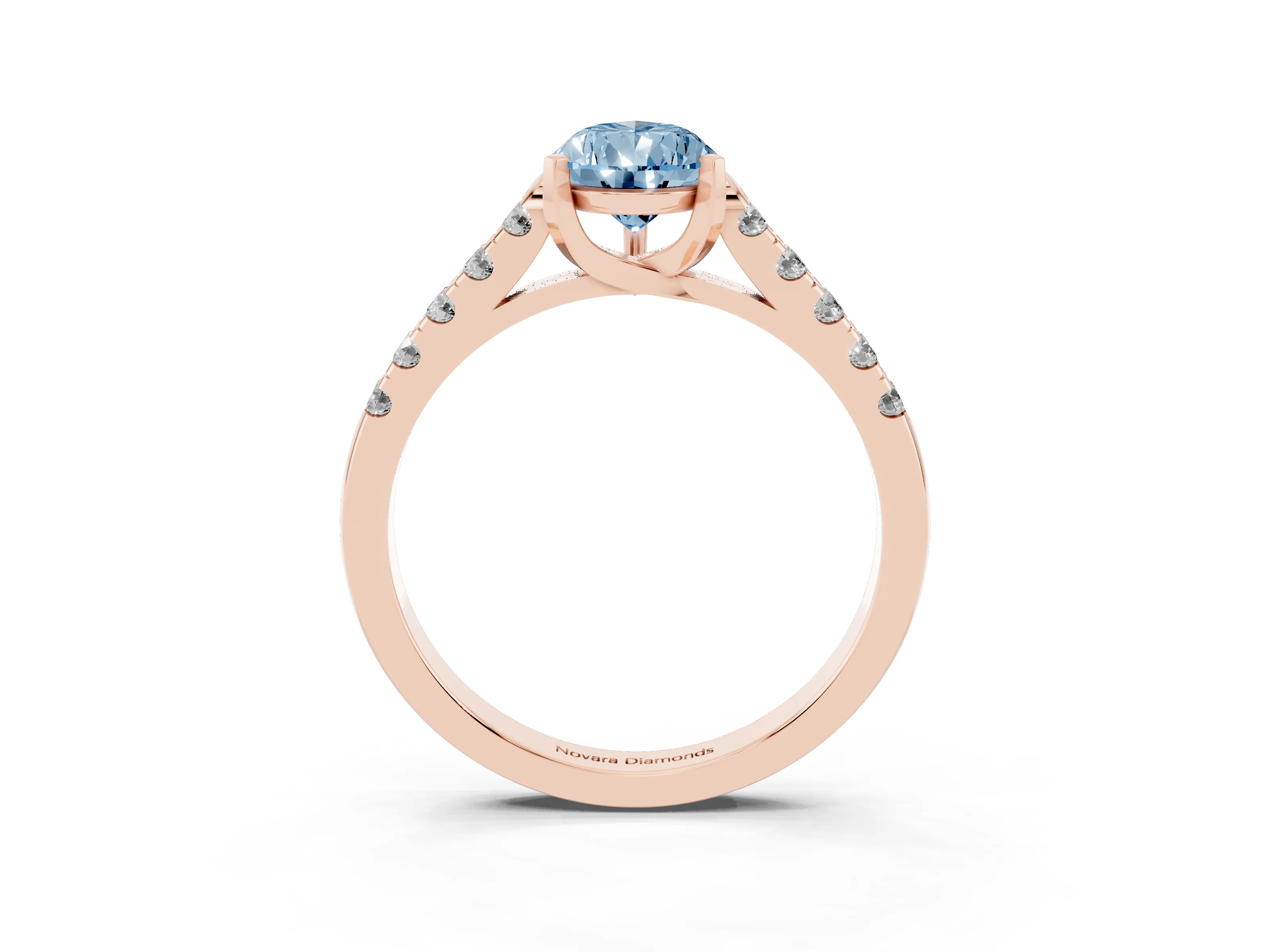 Fancy Blue Pear Cut Diamond Pavé Band Solitaire Ring Set in Rose gold with Partway Accent Stones and Prong Setting