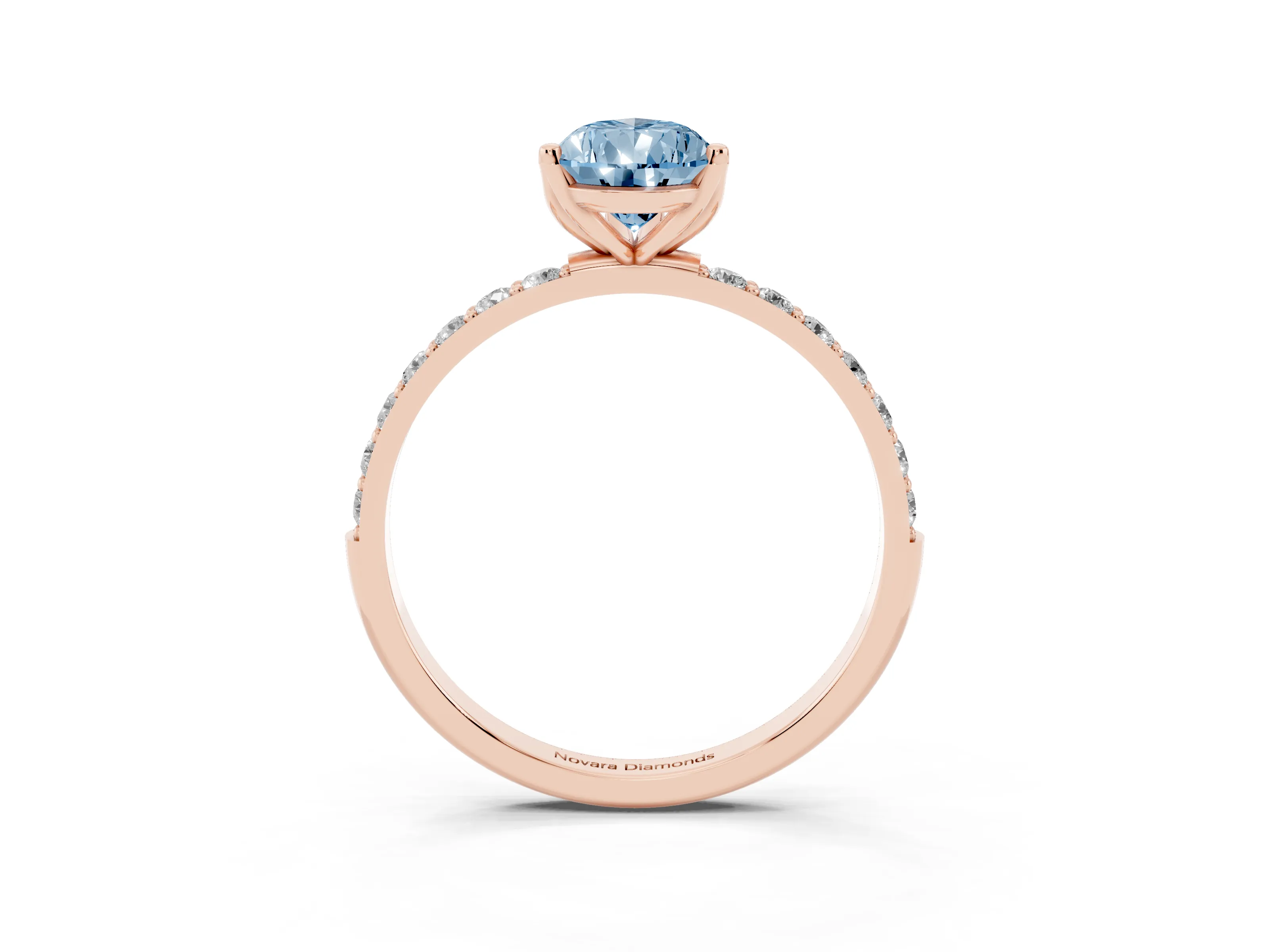 Fancy Blue Pear Cut Diamond Solitaire Engagement Ring Set in Rose gold with Round Pavé Band and Prong Setting