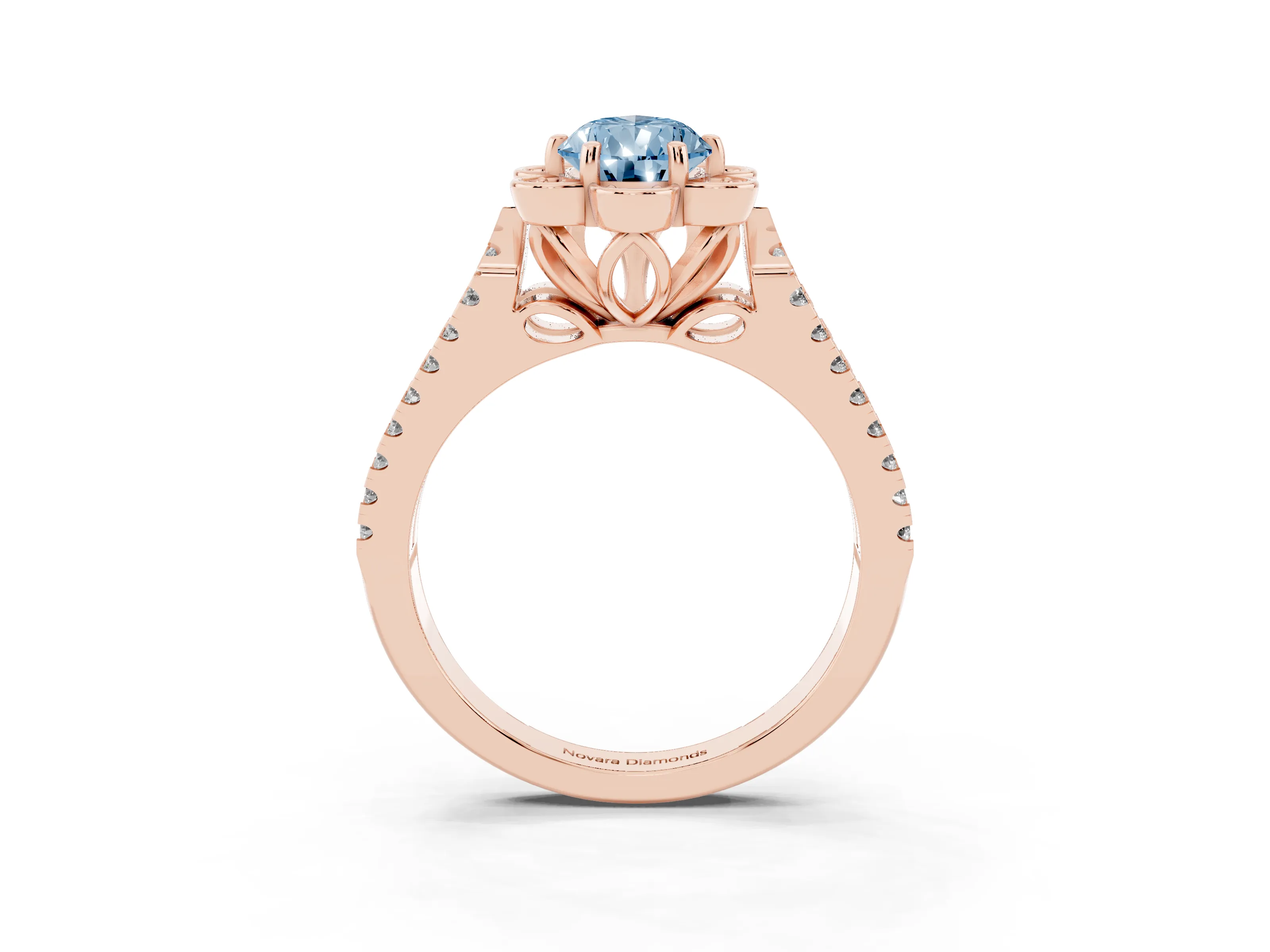 Fancy Blue Pear Cut Diamond Floral Halo Split Shank Engagement Ring Set in Rose gold with Pavé Shank