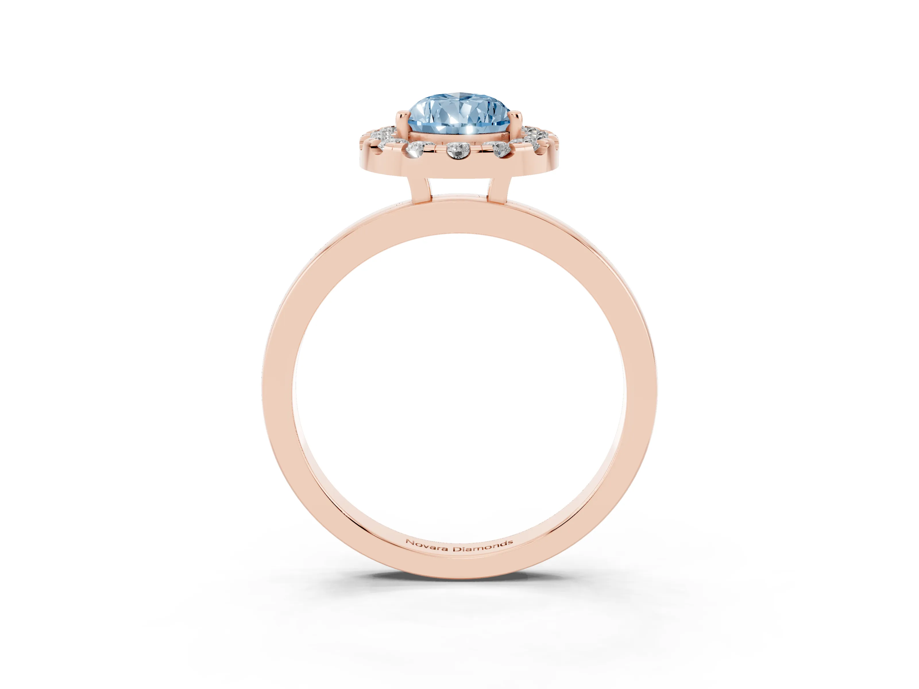 Fancy Blue Pear Cut Diamond Halo Solitaire Ring Set in Rose gold with Pavé Band and Prong Setting