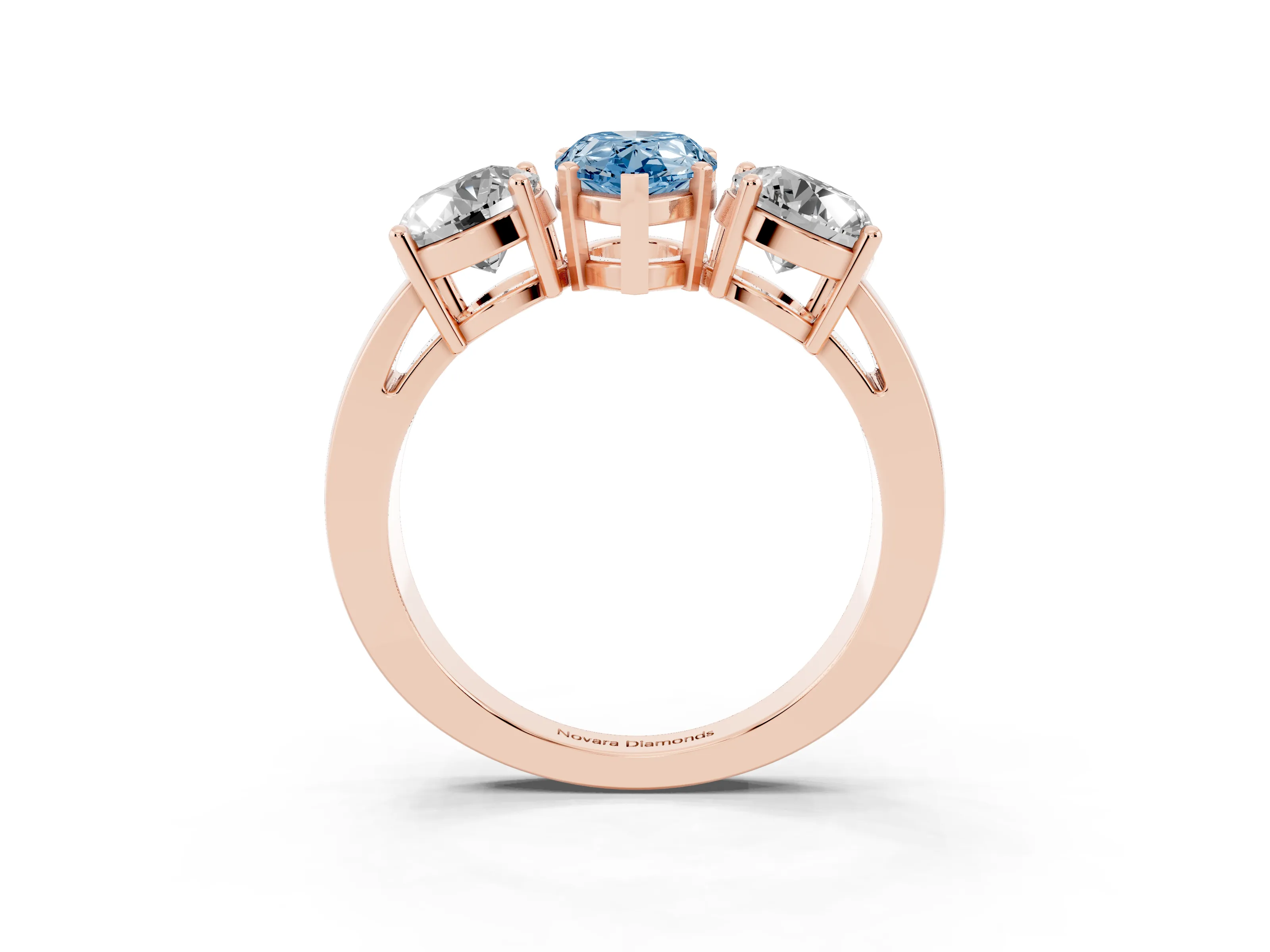 Fancy Blue Pear Cut Diamond Three-Stone Ring Set in Rose gold with Round Side Stones and Classic Band