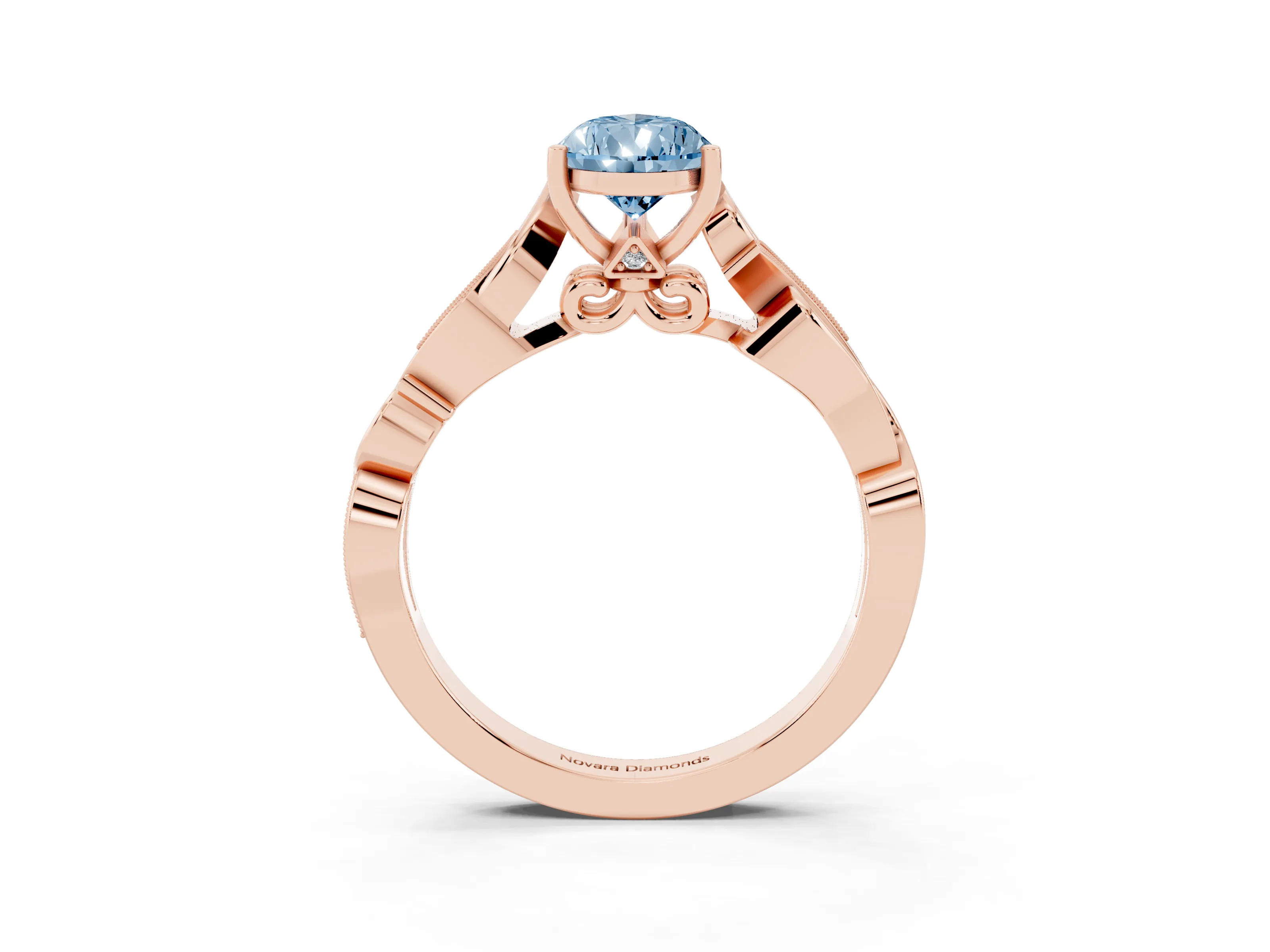 Fancy Blue Pear Cut Diamond Vine Band Solitaire Ring Set in Rose gold with Milgrain Prong Setting