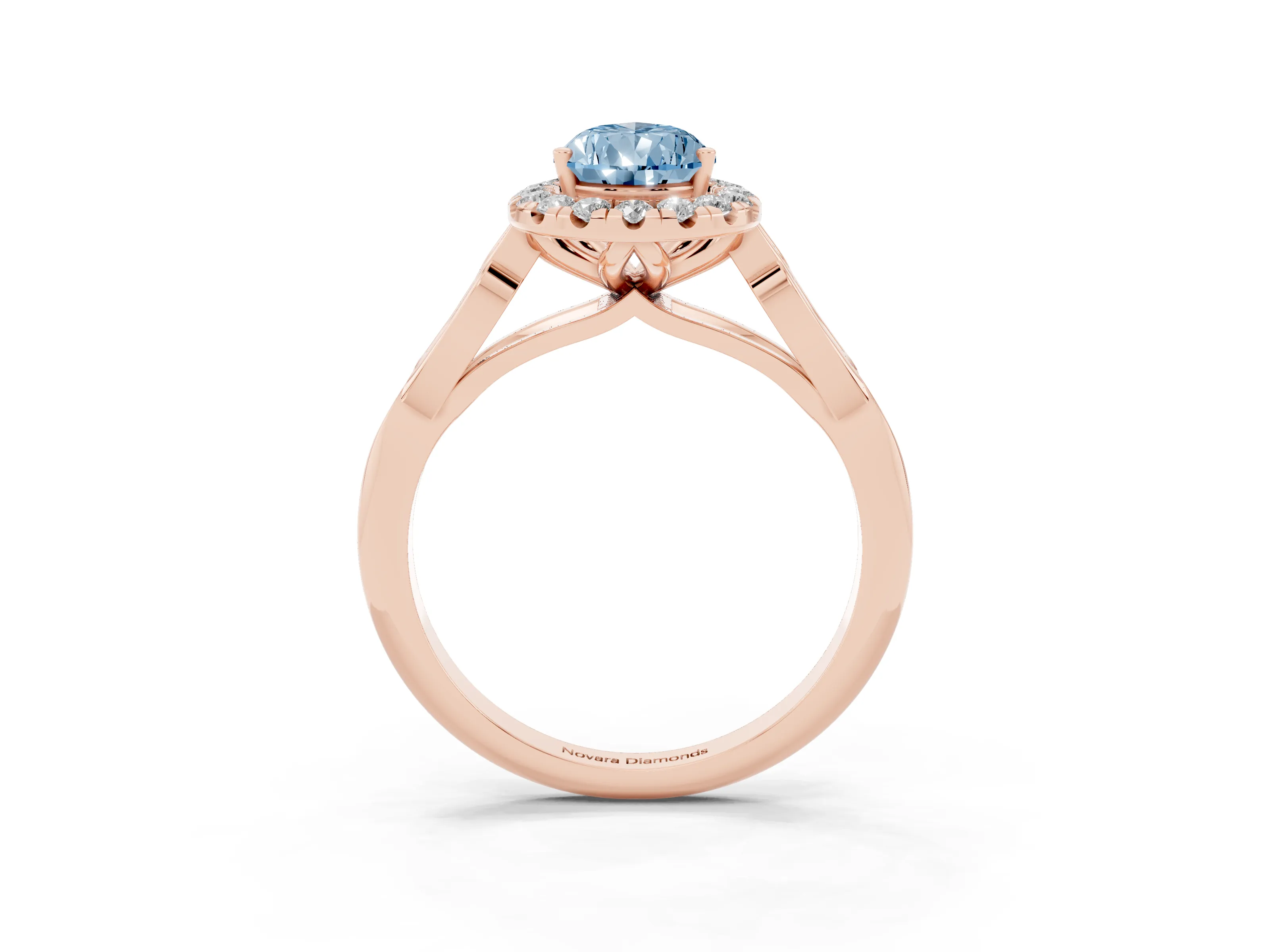 Fancy Blue Pear Cut Diamond Halo Engagement Ring Set in Rose gold with Filigree Band and Prong-Set Center
