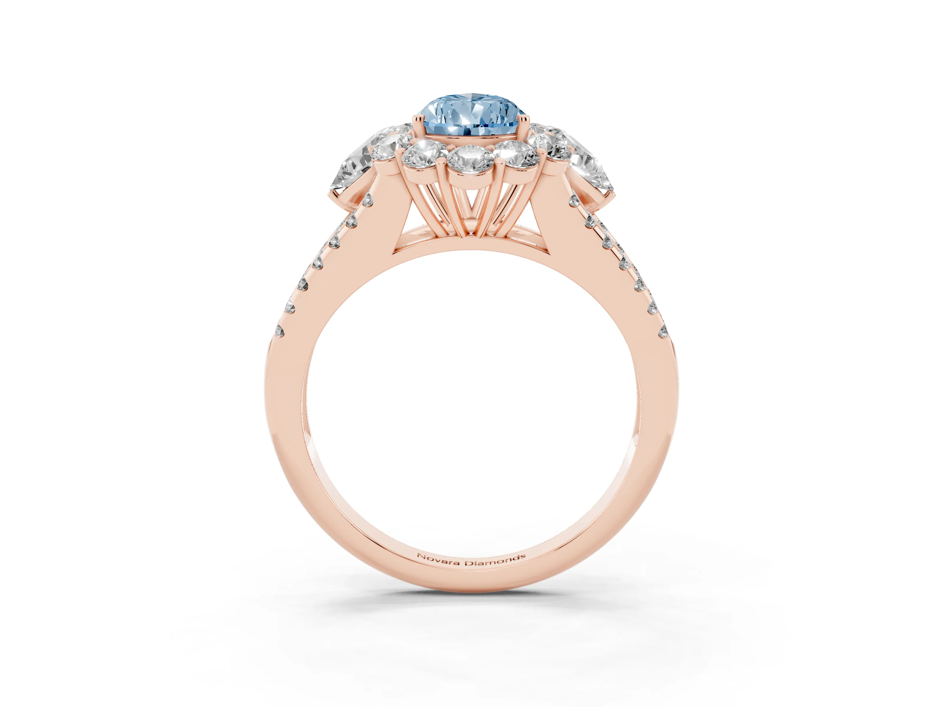 Fancy Blue Pear Cut Diamond Halo Split Shank Engagement Ring Set in Rose gold with Prong-Held Center Stone