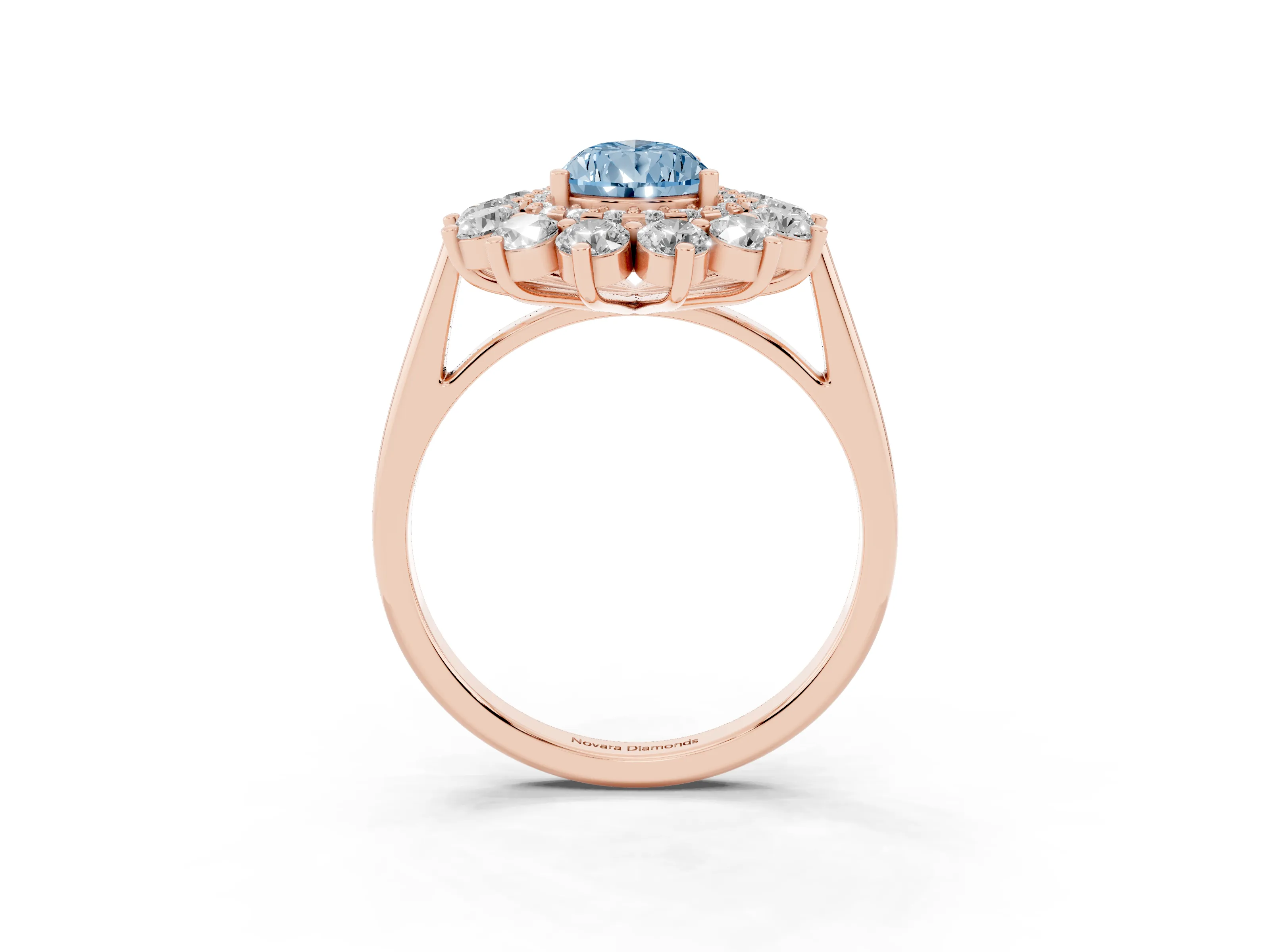 Fancy Blue Pear Cut Diamond Floral Double Halo Ring Set in Rose gold with Round Petals