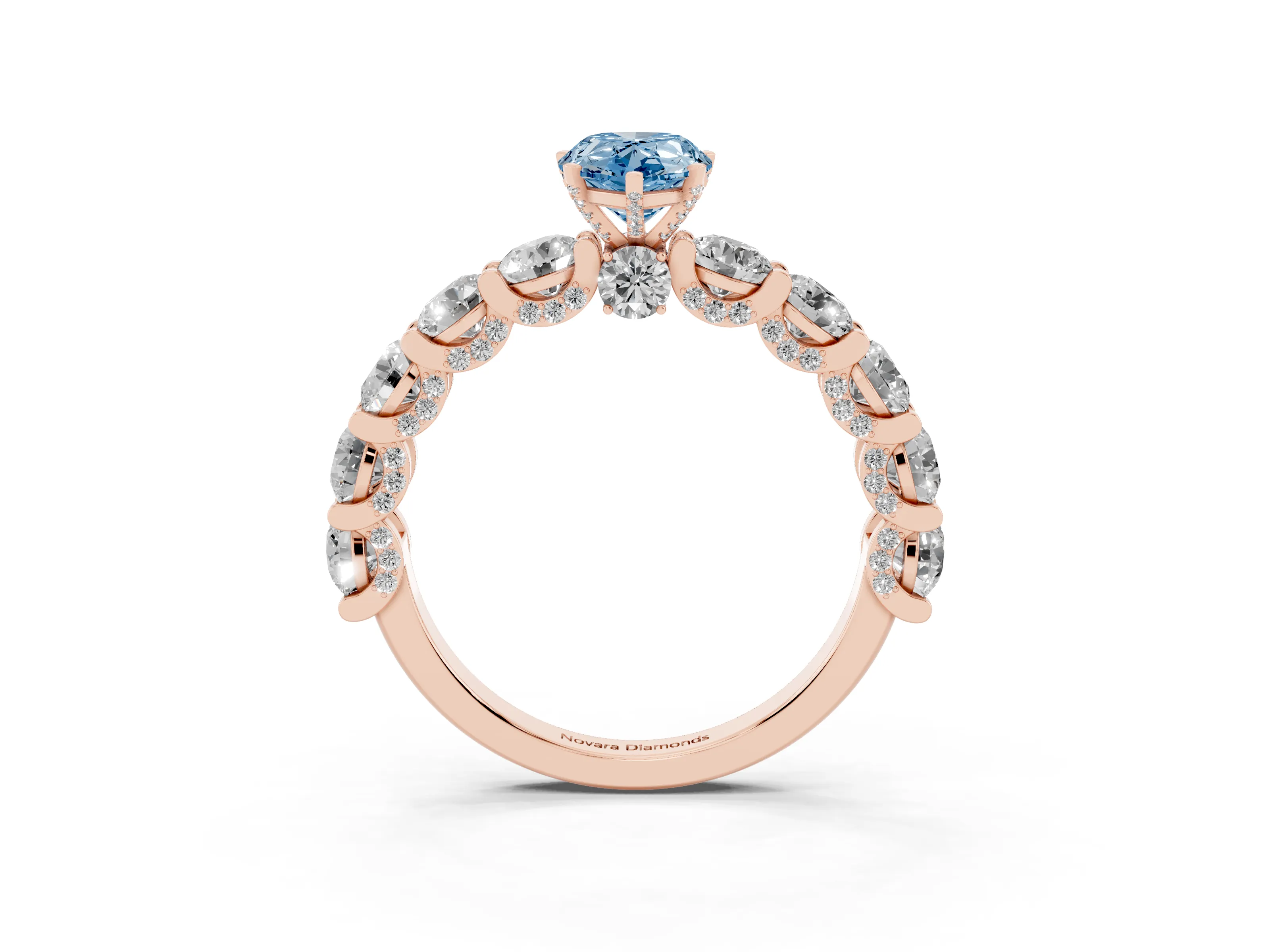 Fancy Blue Pear Cut Diamond Side Stone Ring Set in Rose gold with Alternating Round and Oval Side Stones