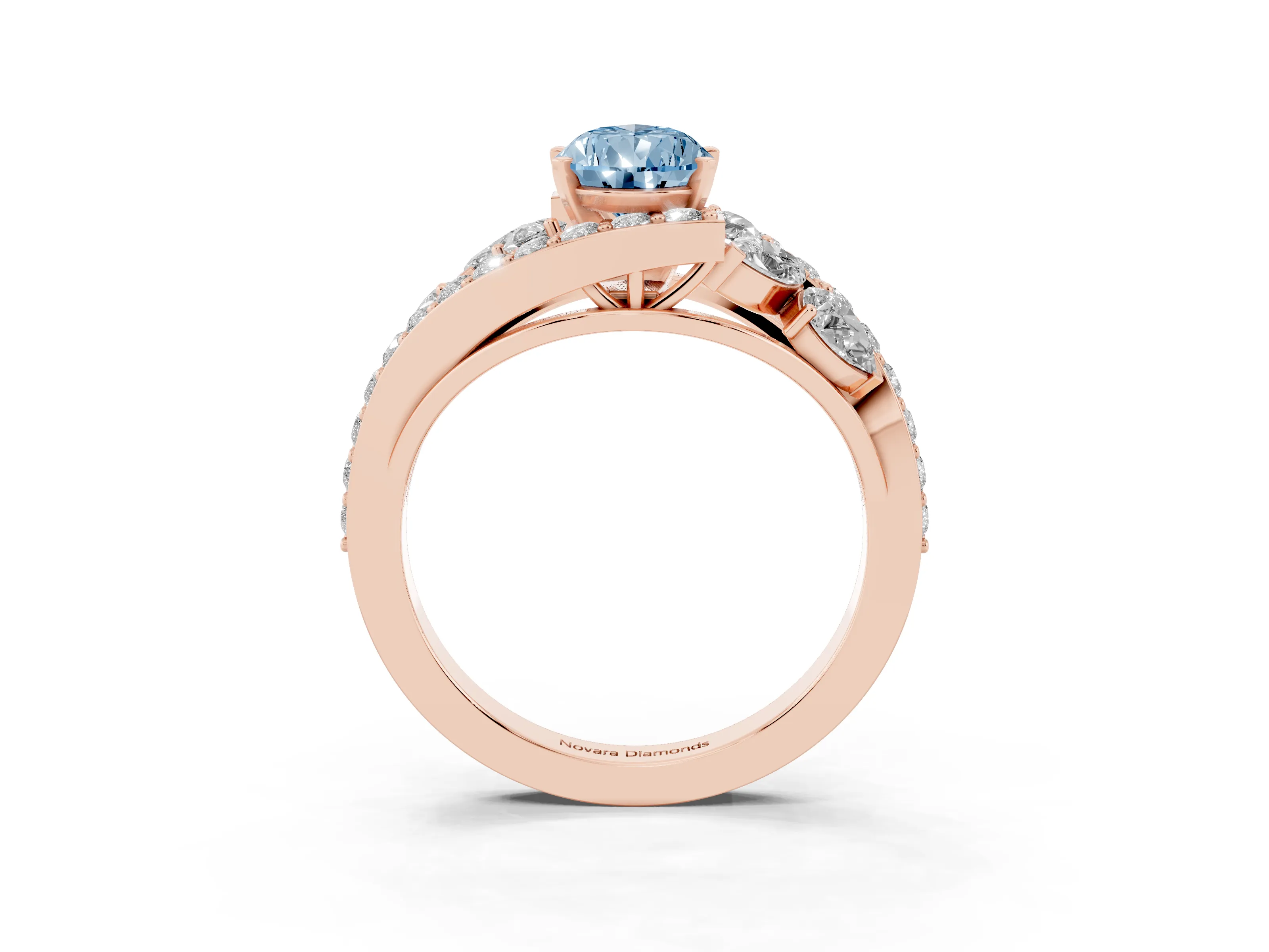 Fancy Blue Pear Cut Diamond Halo Ring Set in Rose gold with Marquise and Pavé Band in Prong Setting