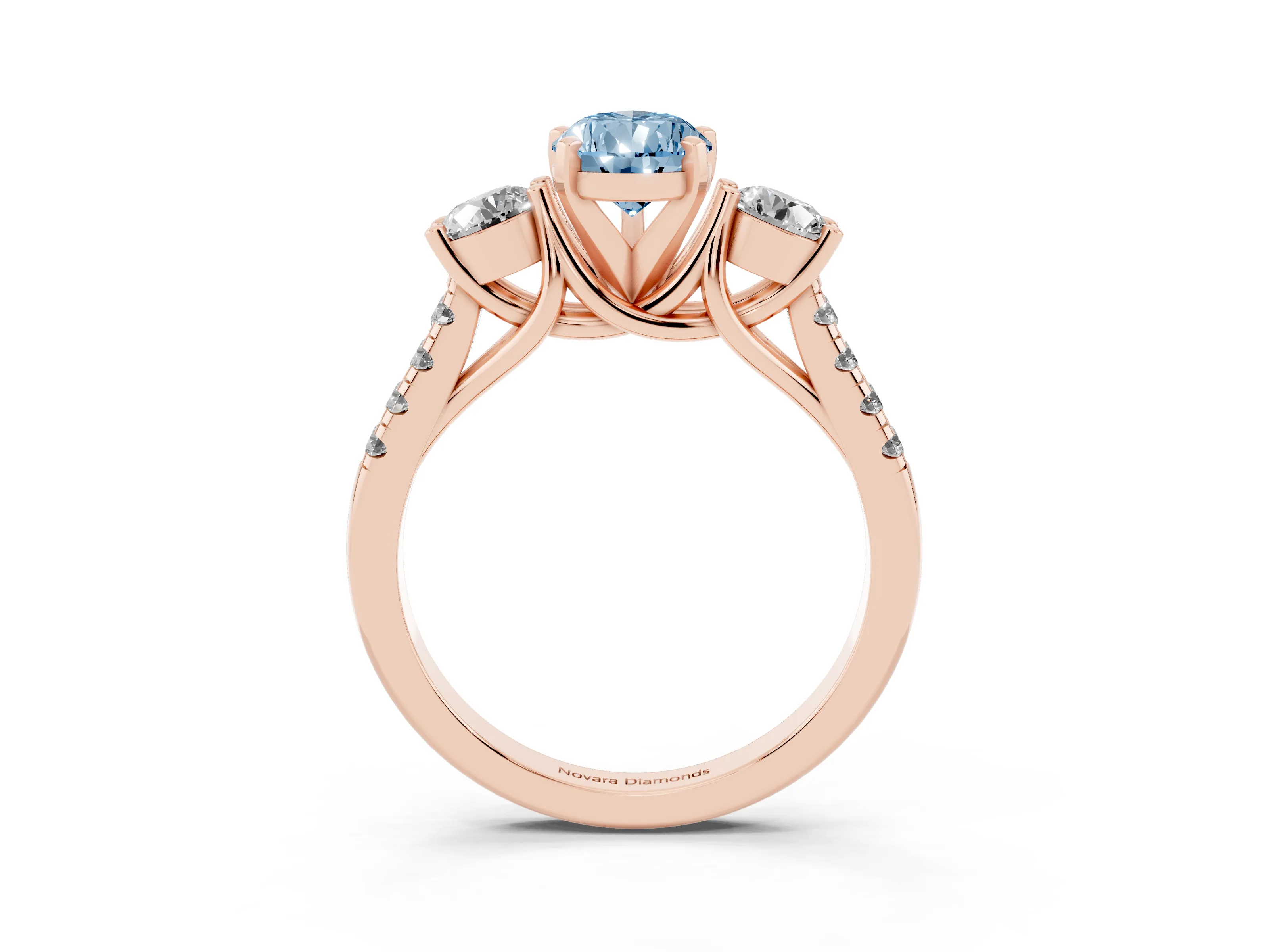 Fancy Blue Three-Stone Pear Cut Diamond Pavé Band Ring Set in Rose gold with Prong-Set Trio