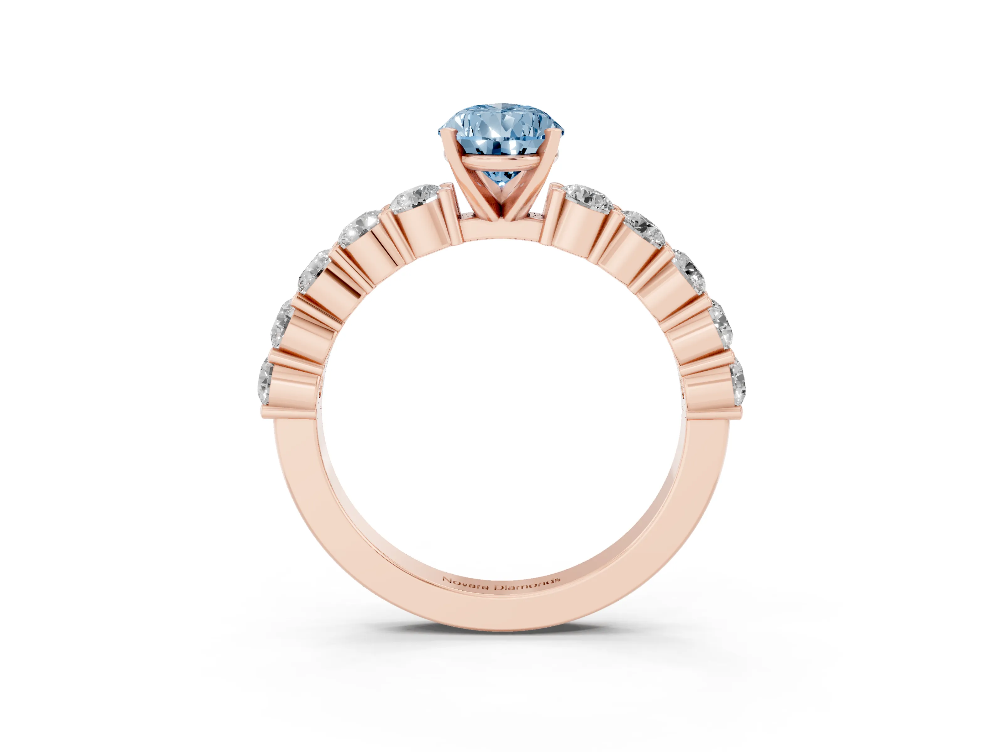 Fancy Blue Pear Cut Diamond Solitaire Ring Set in Rose gold with Shared Prong Round Side Stones