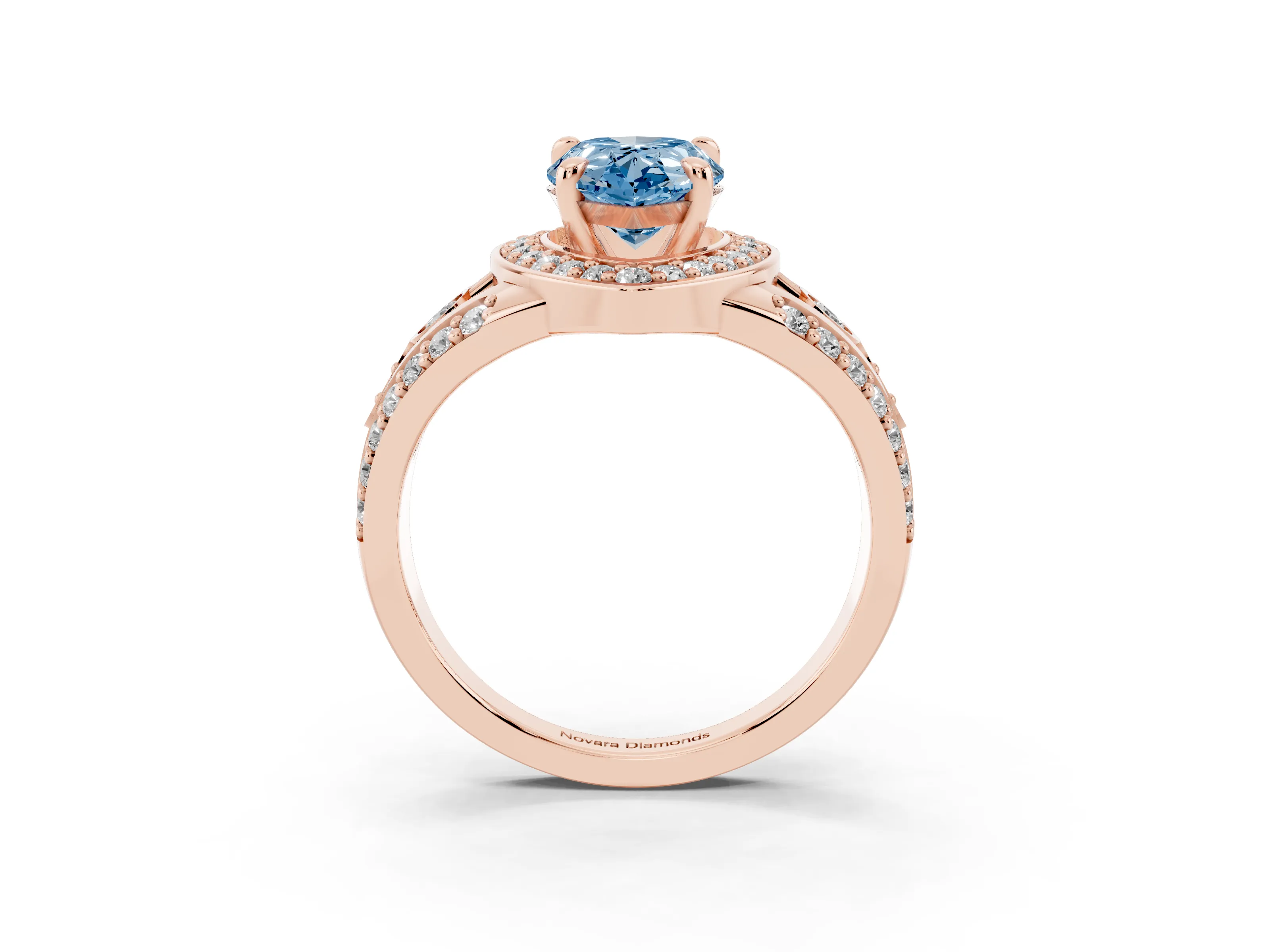 Fancy Blue Pear Cut Diamond Halo Ring Set in Rose gold with Pavé Split Shank and Bezel Accents