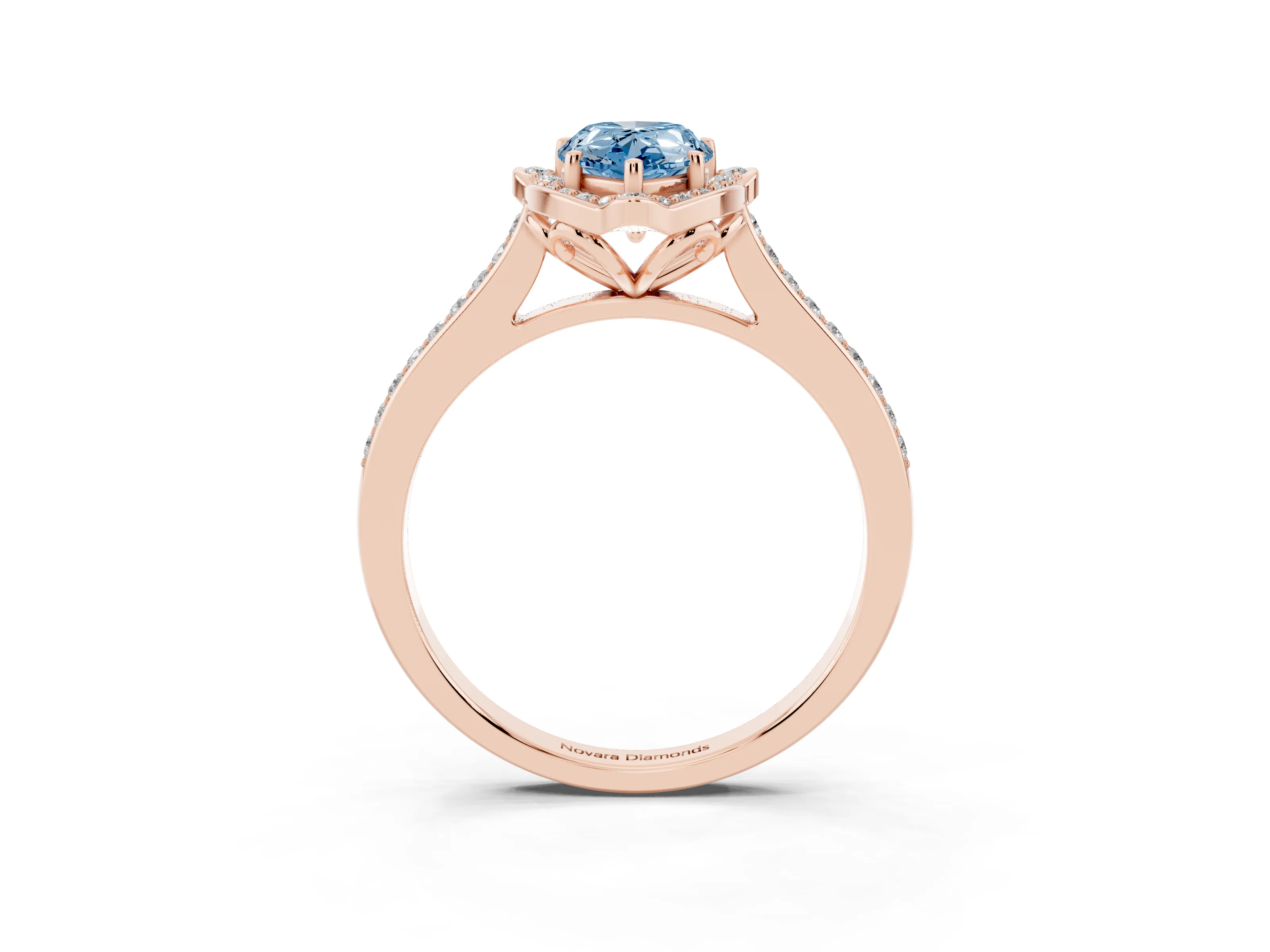 Fancy Blue Pear Cut Diamond Halo Ring Set in Rose gold with Pavé-Lined Shoulders and Prong Setting