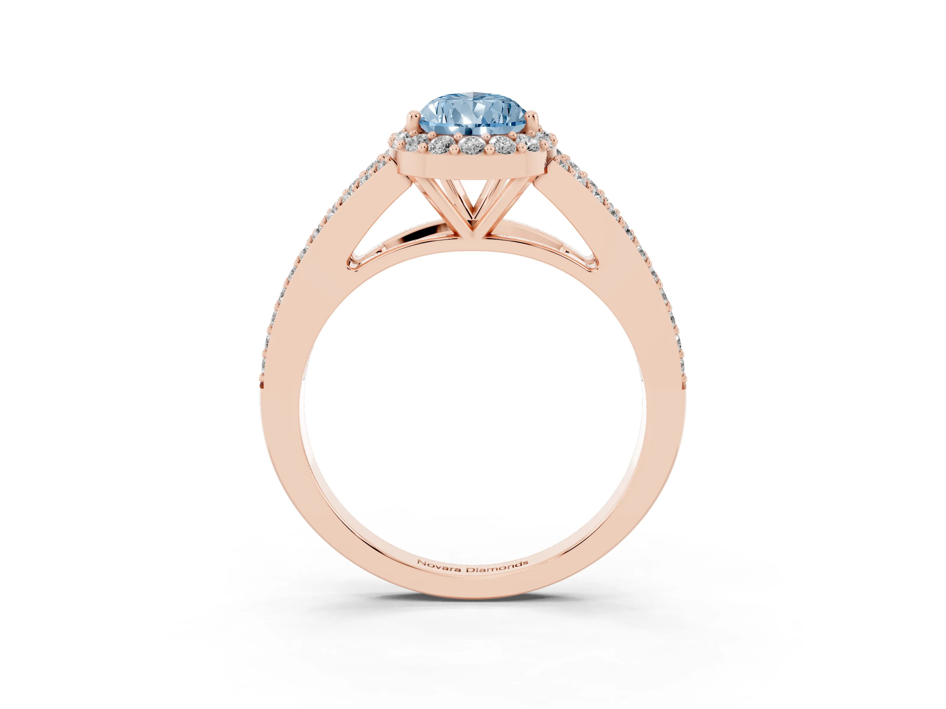 Fancy Blue Pear Cut Diamond Halo Split Shank Pavé Ring Set in Rose gold with Prong Setting