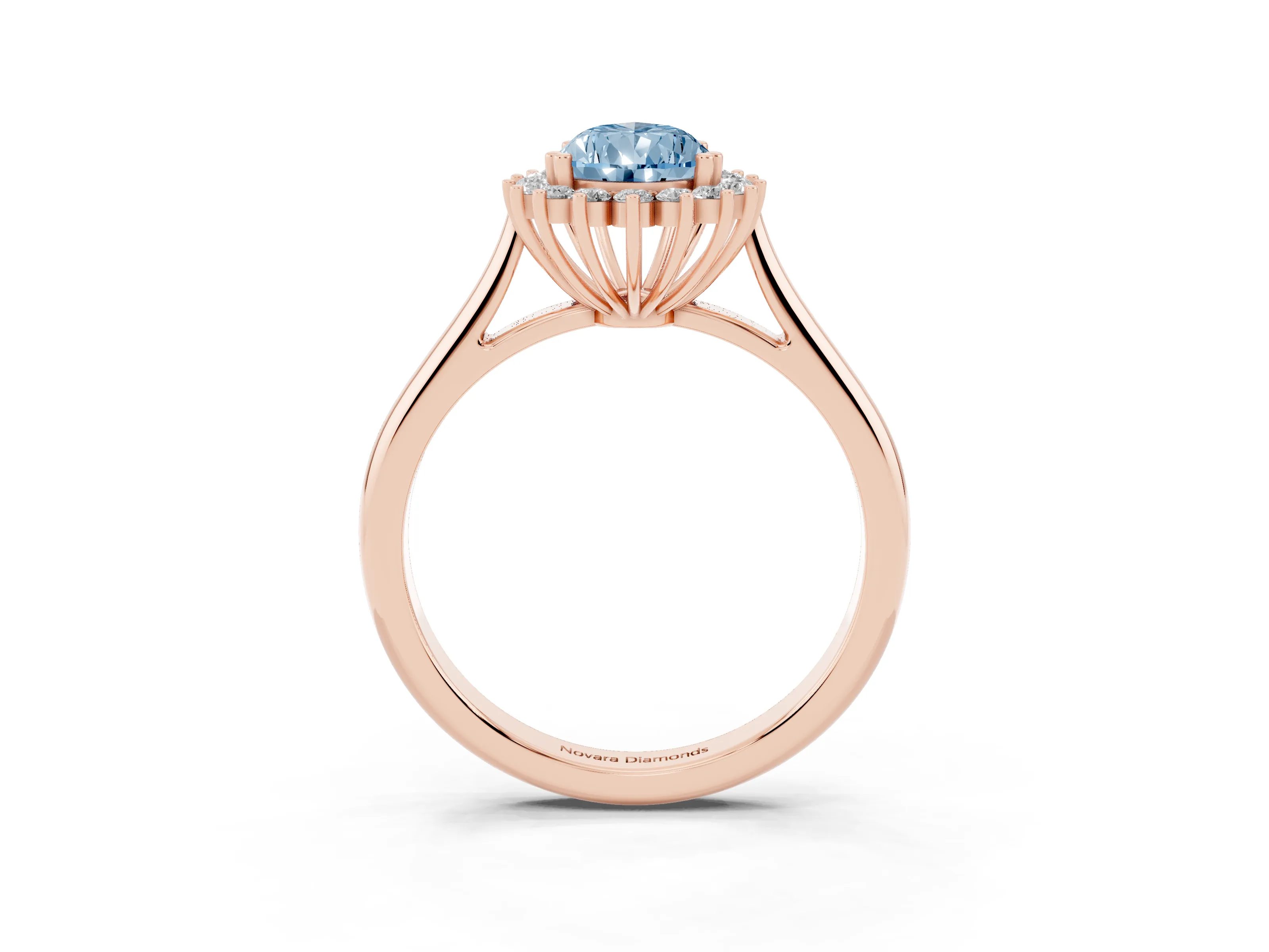Fancy Blue Pear Cut Diamond Halo Ring Set in Rose gold with Plain Solitaire Band and Prong Setting