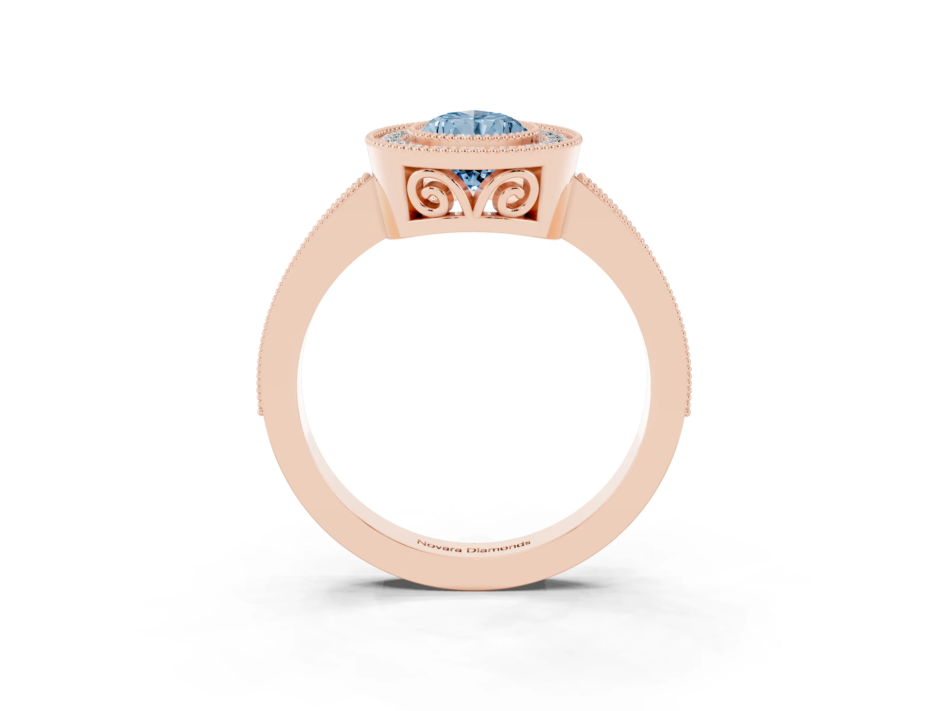Fancy Blue Pear Cut Diamond Halo Ring Set in Rose gold with Pavé Band and Milgrain-Edged Prongs