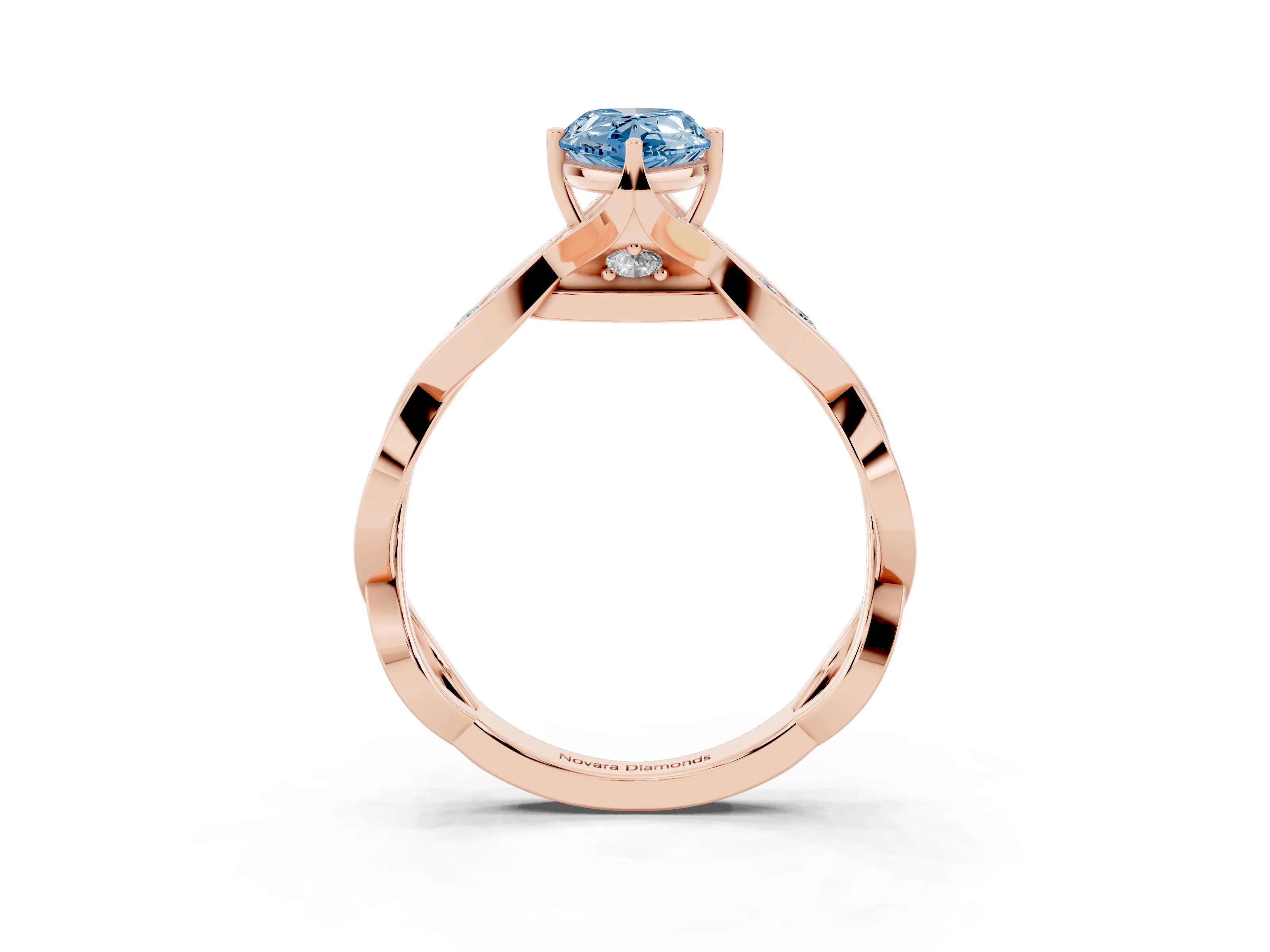 Fancy Blue Pear Cut Diamond Twist Band Solitaire Ring Set in Rose gold with Leaf Prong Setting and Accent Stones