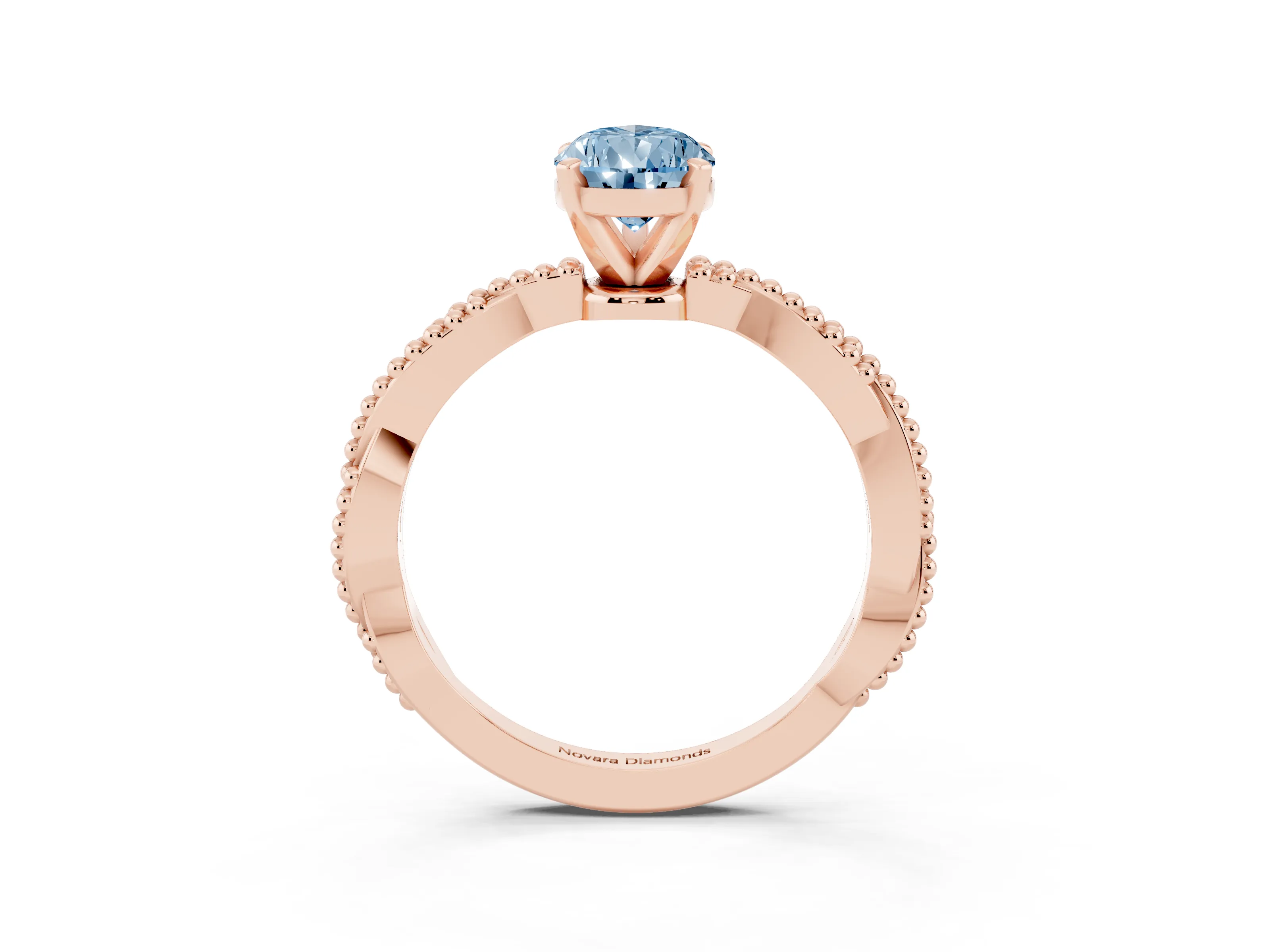 Fancy Blue Pear Cut Diamond Solitaire Ring Set in Rose gold with Twisted Band and Bead Prong Setting