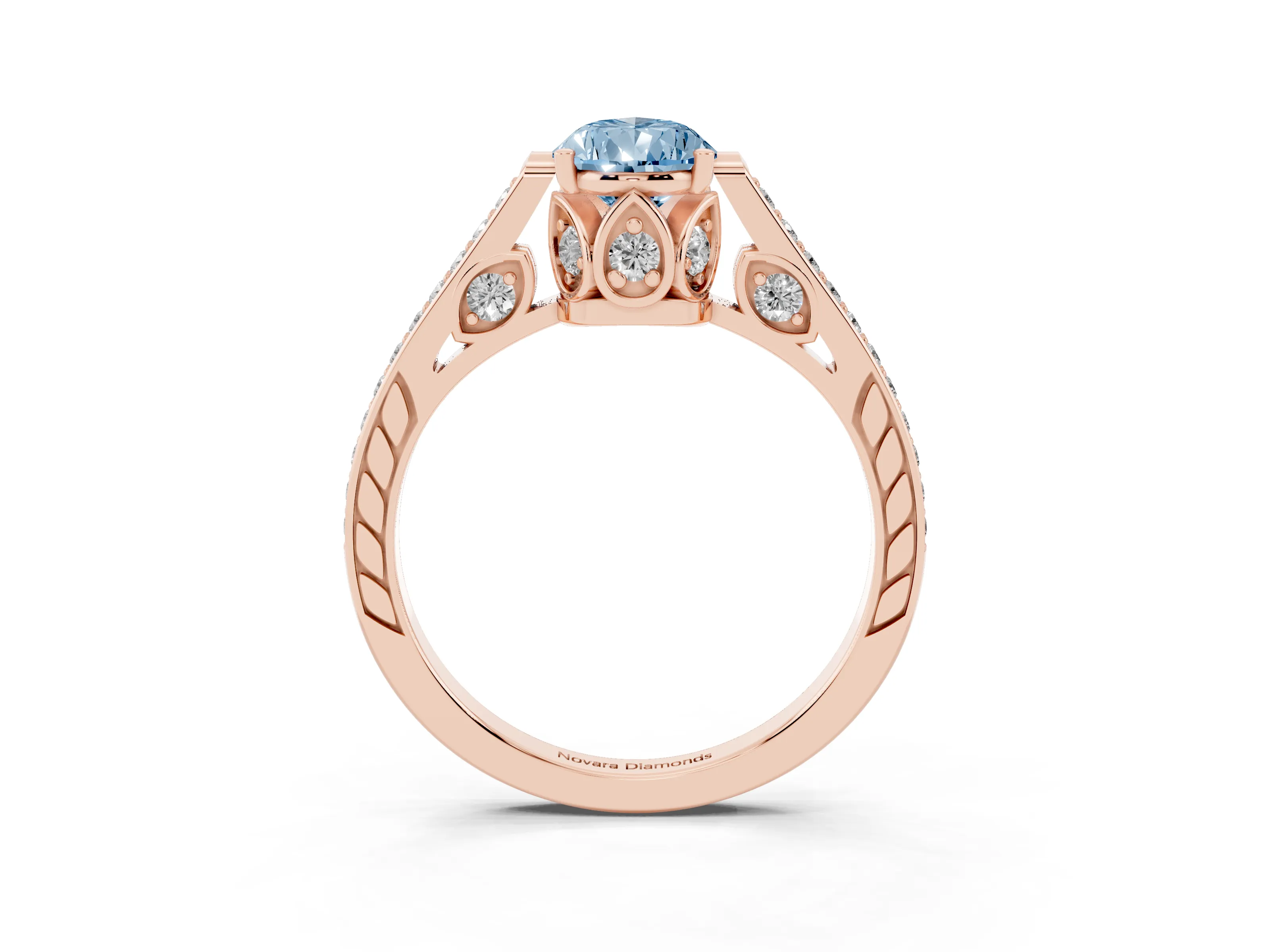 Fancy Blue Pear Cut Diamond Cathedral Pavé Engagement Ring Set in Rose gold with Prong Setting