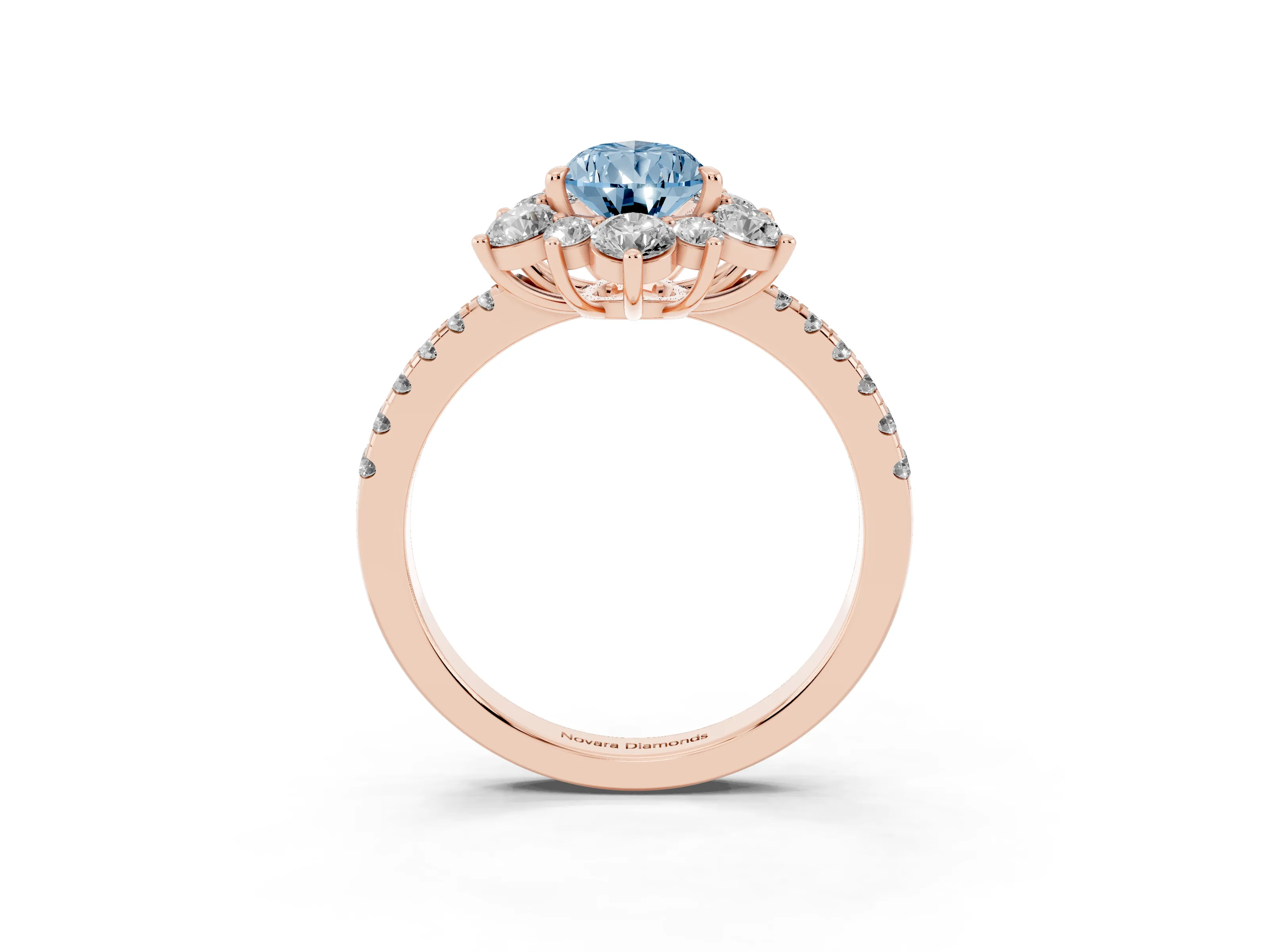 Fancy Blue Pear Cut Diamond Floral Halo Ring Set in Rose gold with Round Pavé Band and Prong Setting