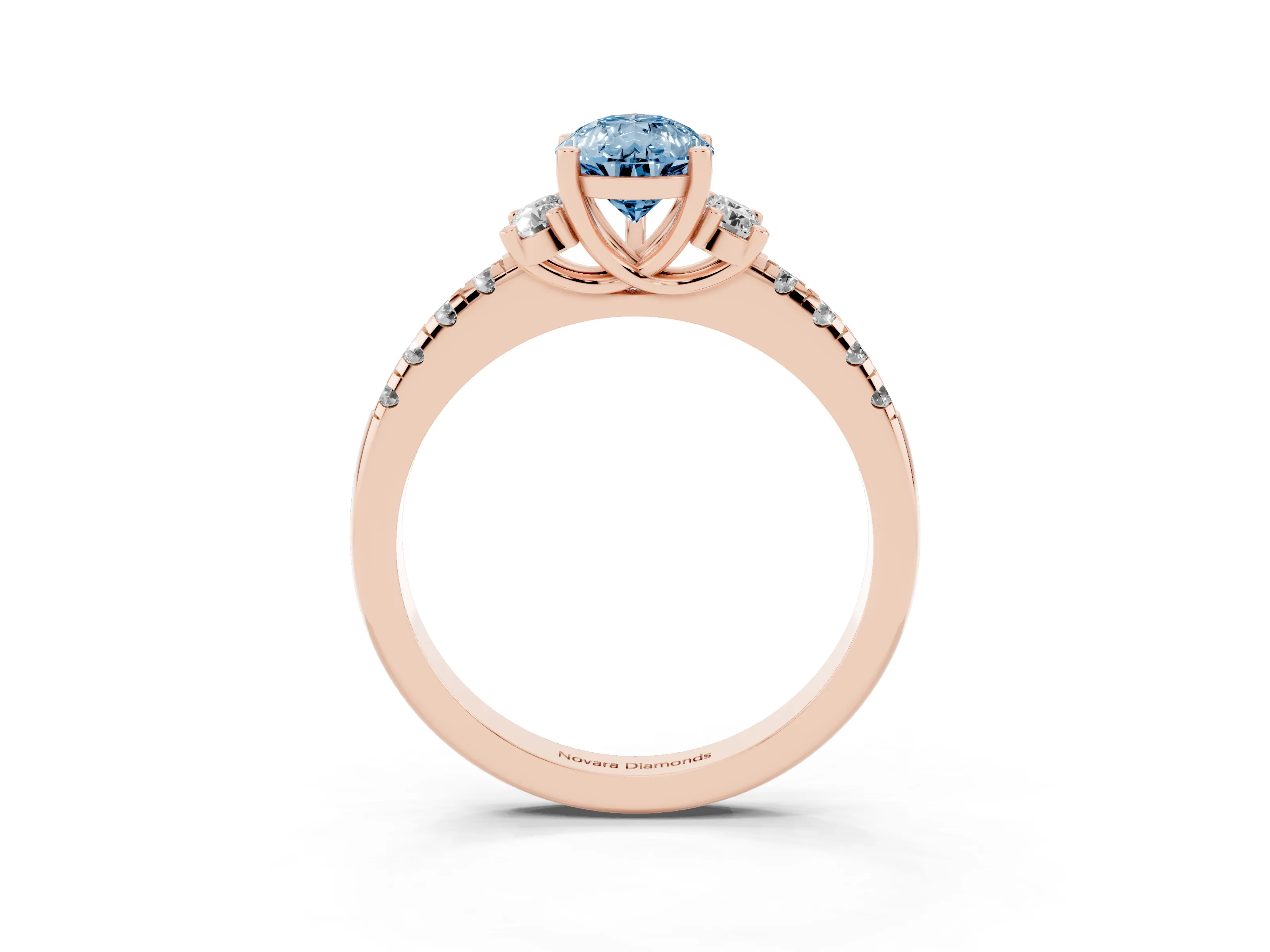 Fancy Blue Pear Cut Diamond Three-Stone Pavé Ring Set in Rose gold with Prong Setting