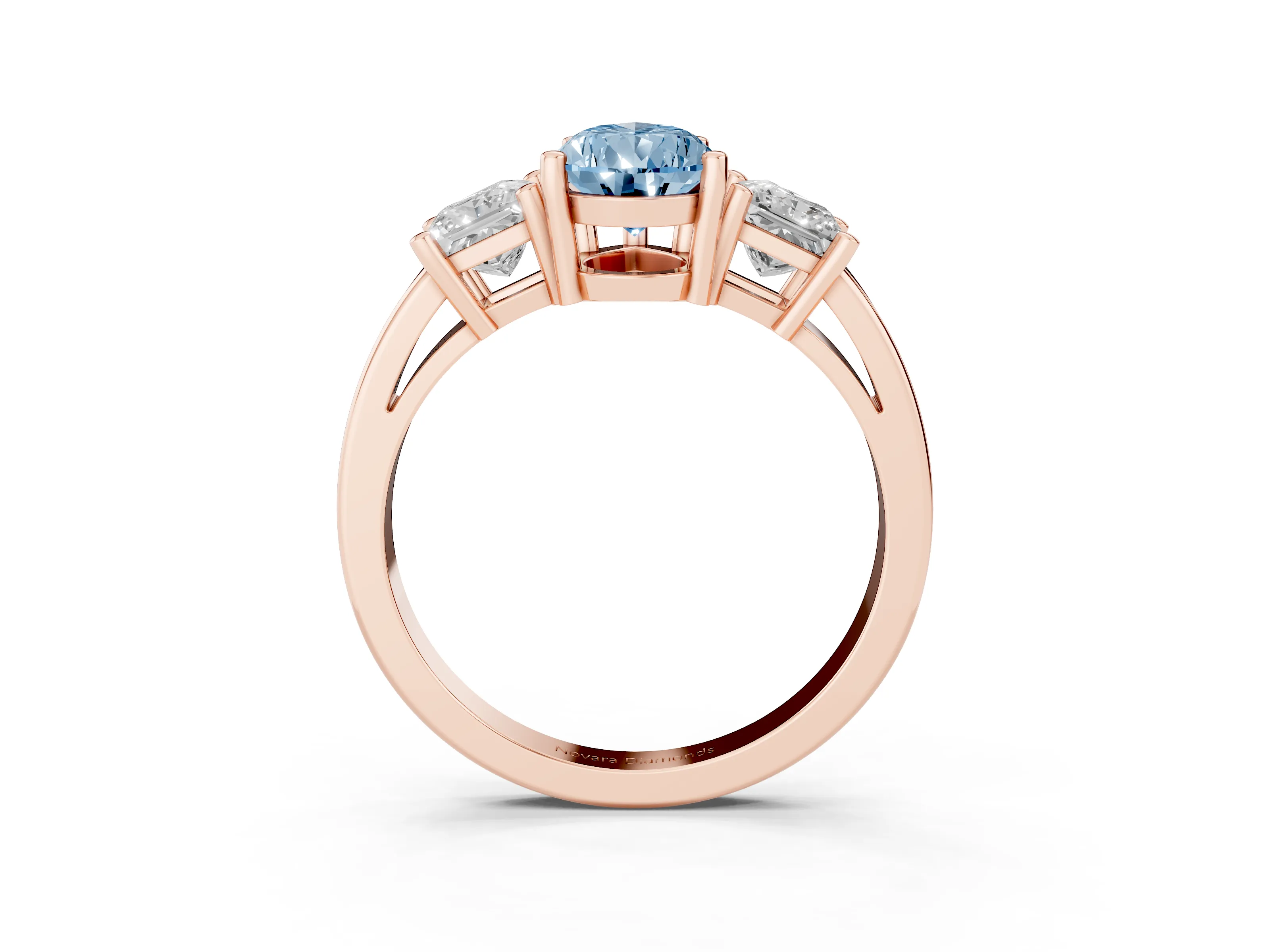 Fancy Blue Three-Stone Pear Cut Diamond Solitaire Ring Set in Rose gold with Prong Setting