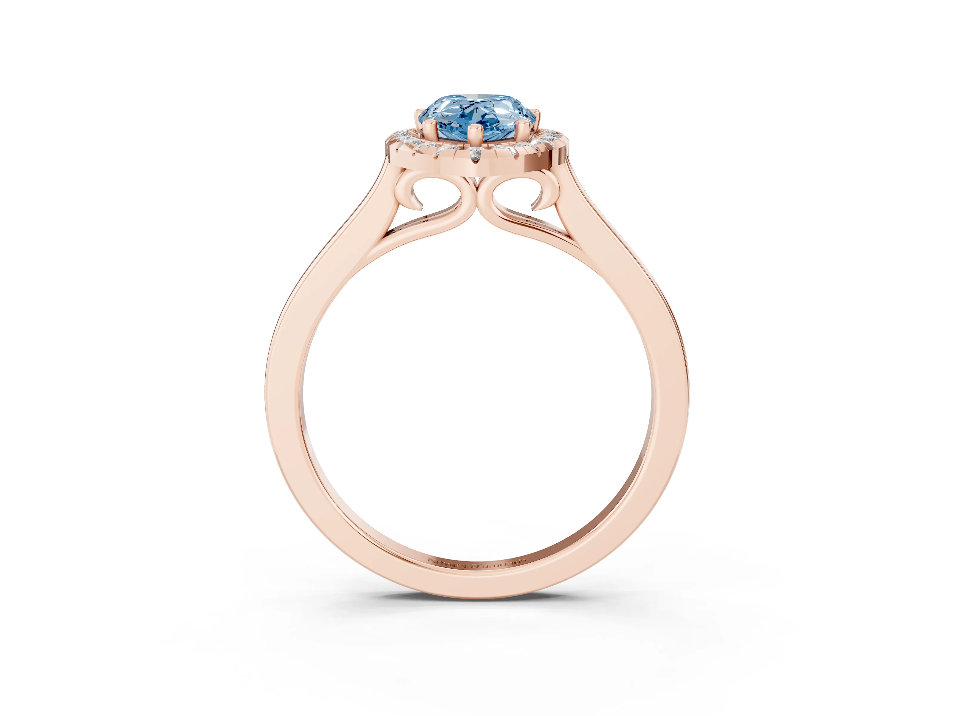Fancy Blue Pear Cut Halo Round Diamond Solitaire Ring Set in Rose gold with Pavé Band and Prong Setting