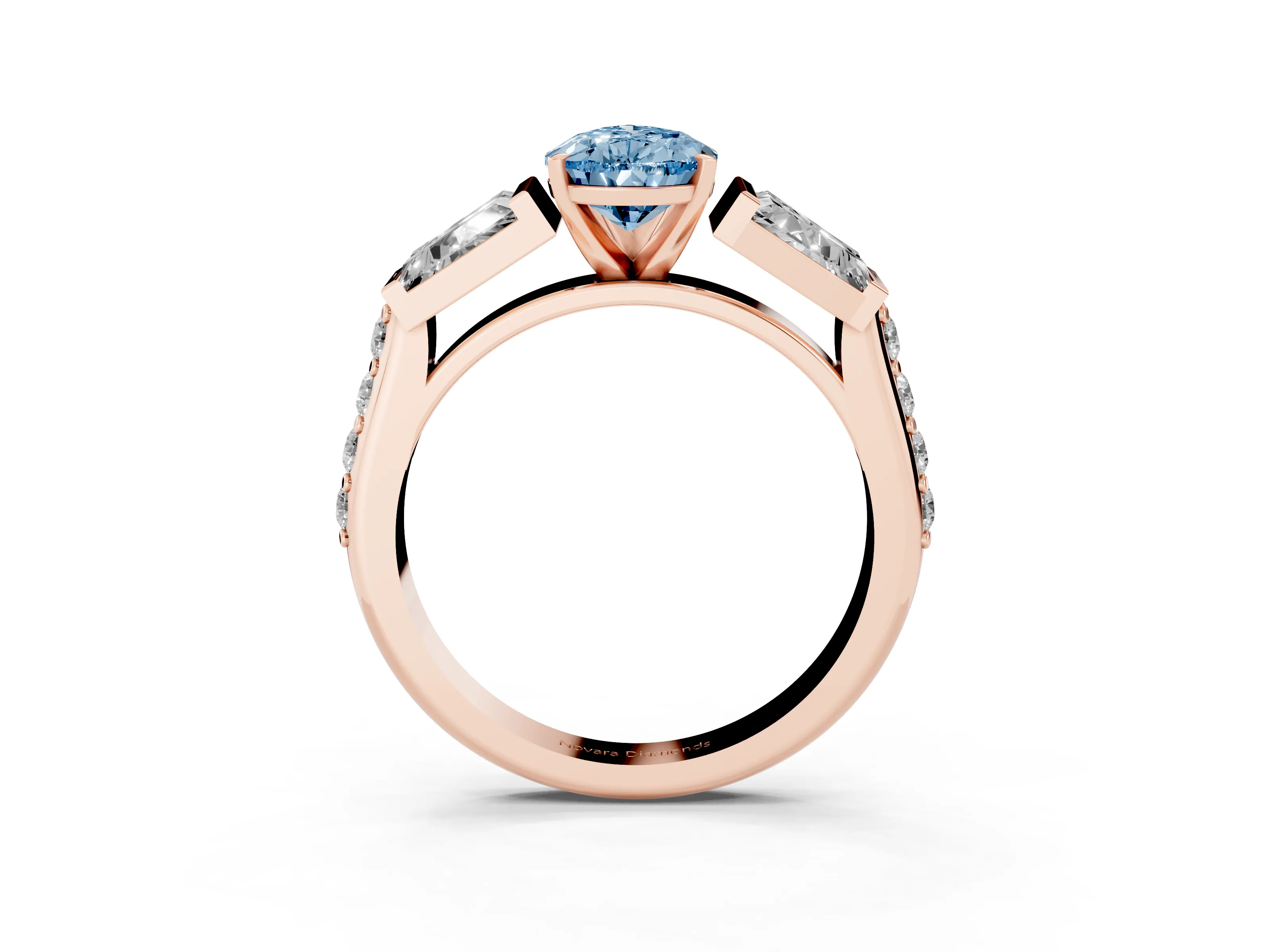 Fancy Blue Pear Cut Diamond Engagement Ring Set in Rose gold with Baguette Side Stones and Channel Set Band