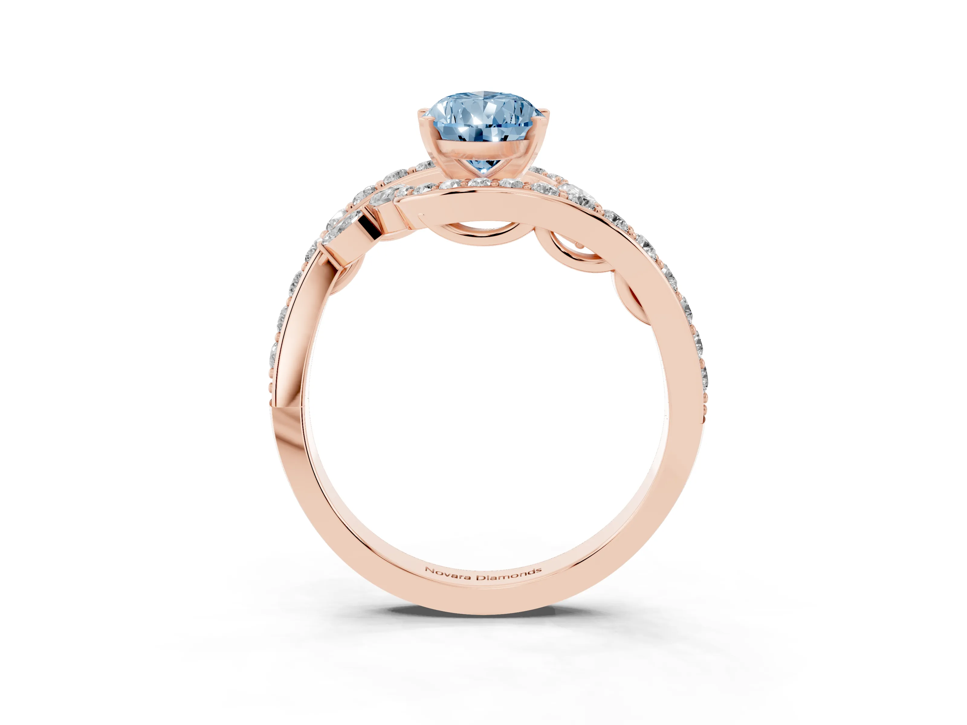 Fancy Blue Pear Cut Diamond Solitaire Ring Set in Rose gold with Pavé Twist Band and Secure Prong Setting