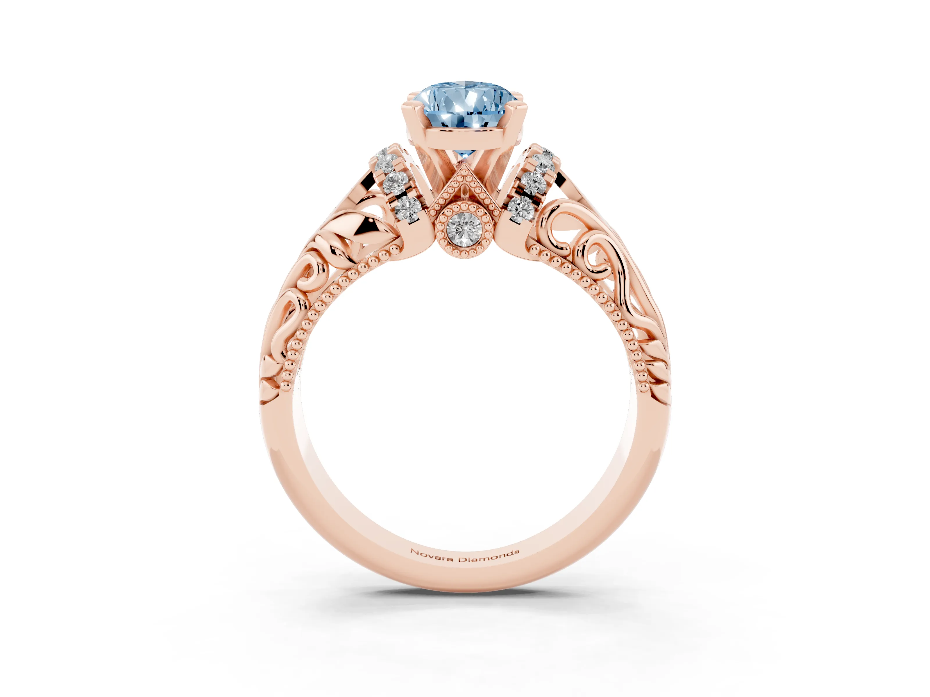 Fancy Blue Pear Cut Diamond Filigree Halo Engagement Ring Set in Rose gold with Prong Setting
