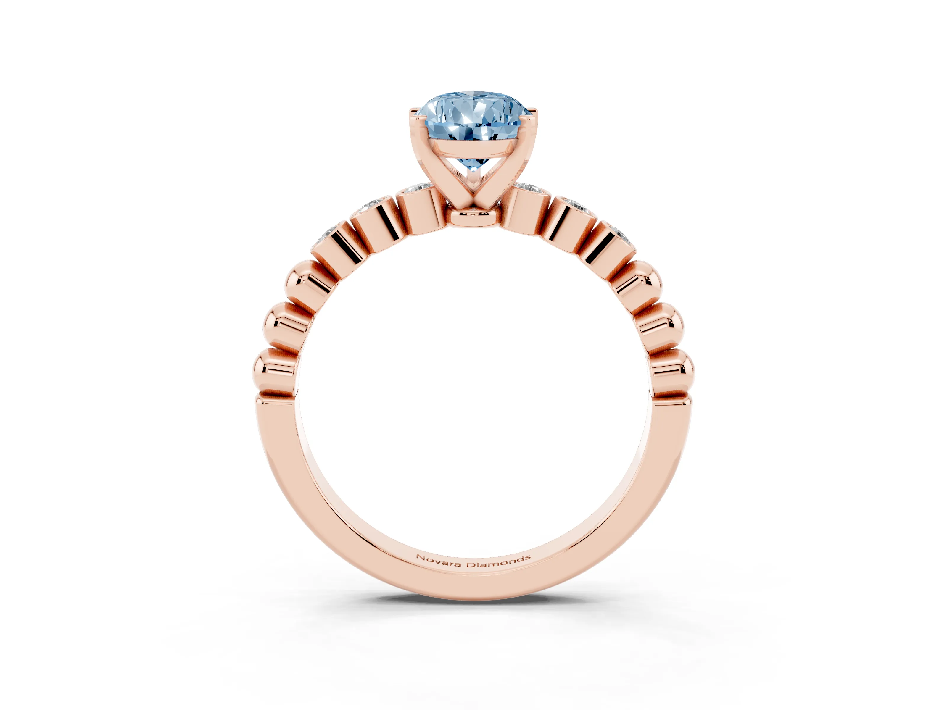 Fancy Blue Pear Cut Diamond Solitaire Engagement Ring Set in Rose gold with Bezel Accents on Beaded Band