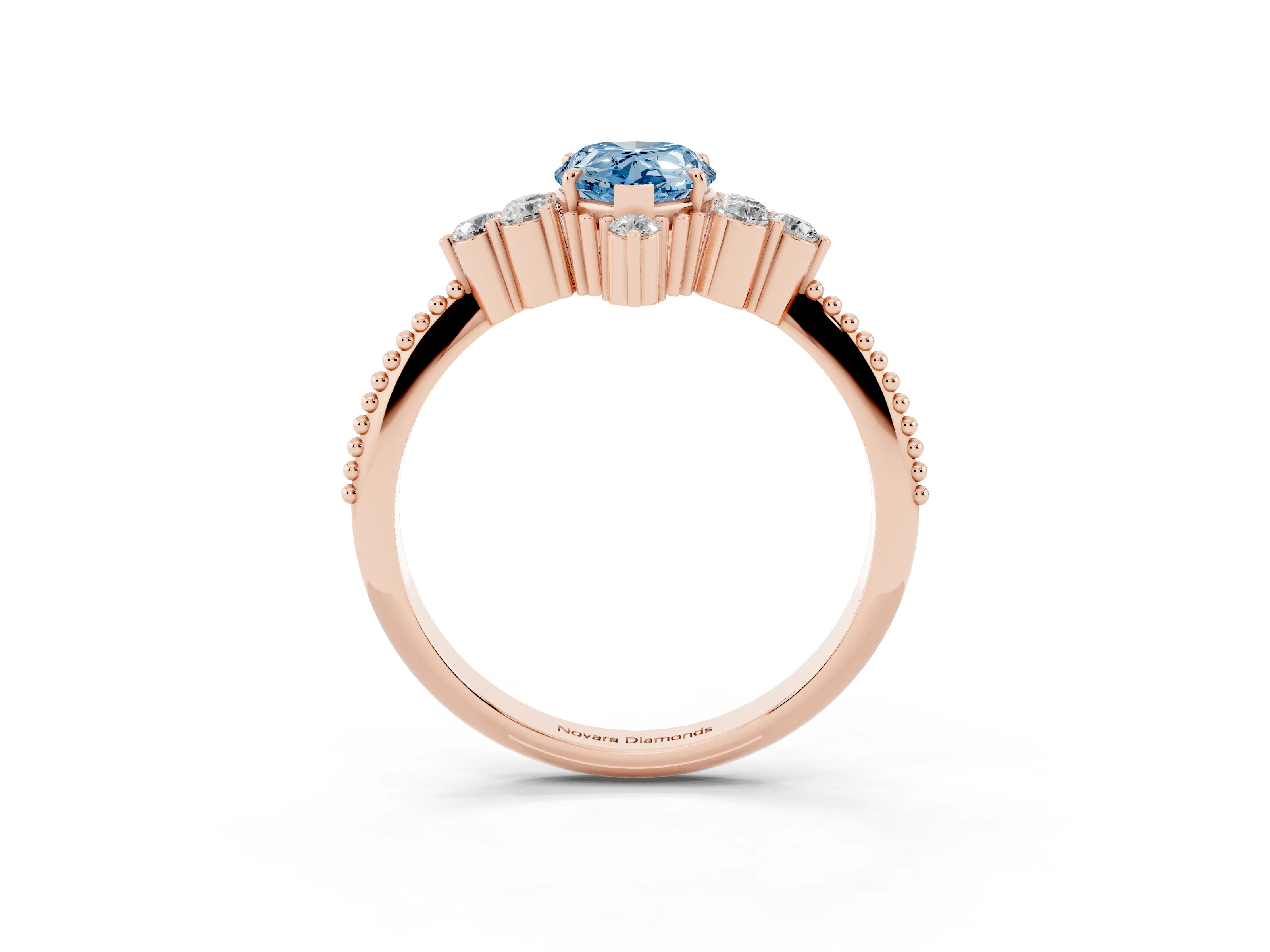 Fancy Blue Pear Cut Diamond Cluster Ring Set in Rose gold with Beaded Band