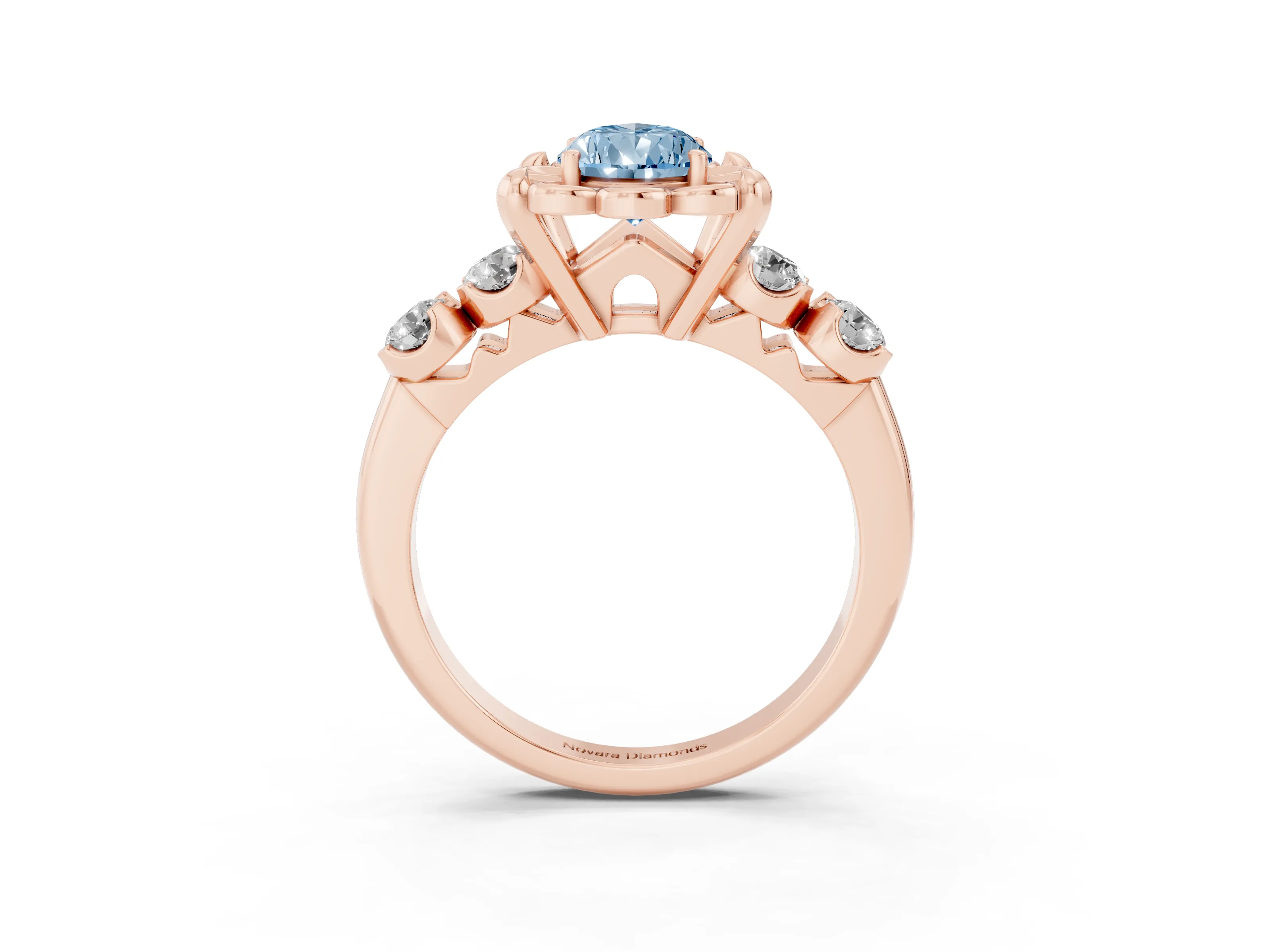 Fancy Blue Pear Cut Diamond Floral Halo Ring Set in Rose gold with Shared Prong Band