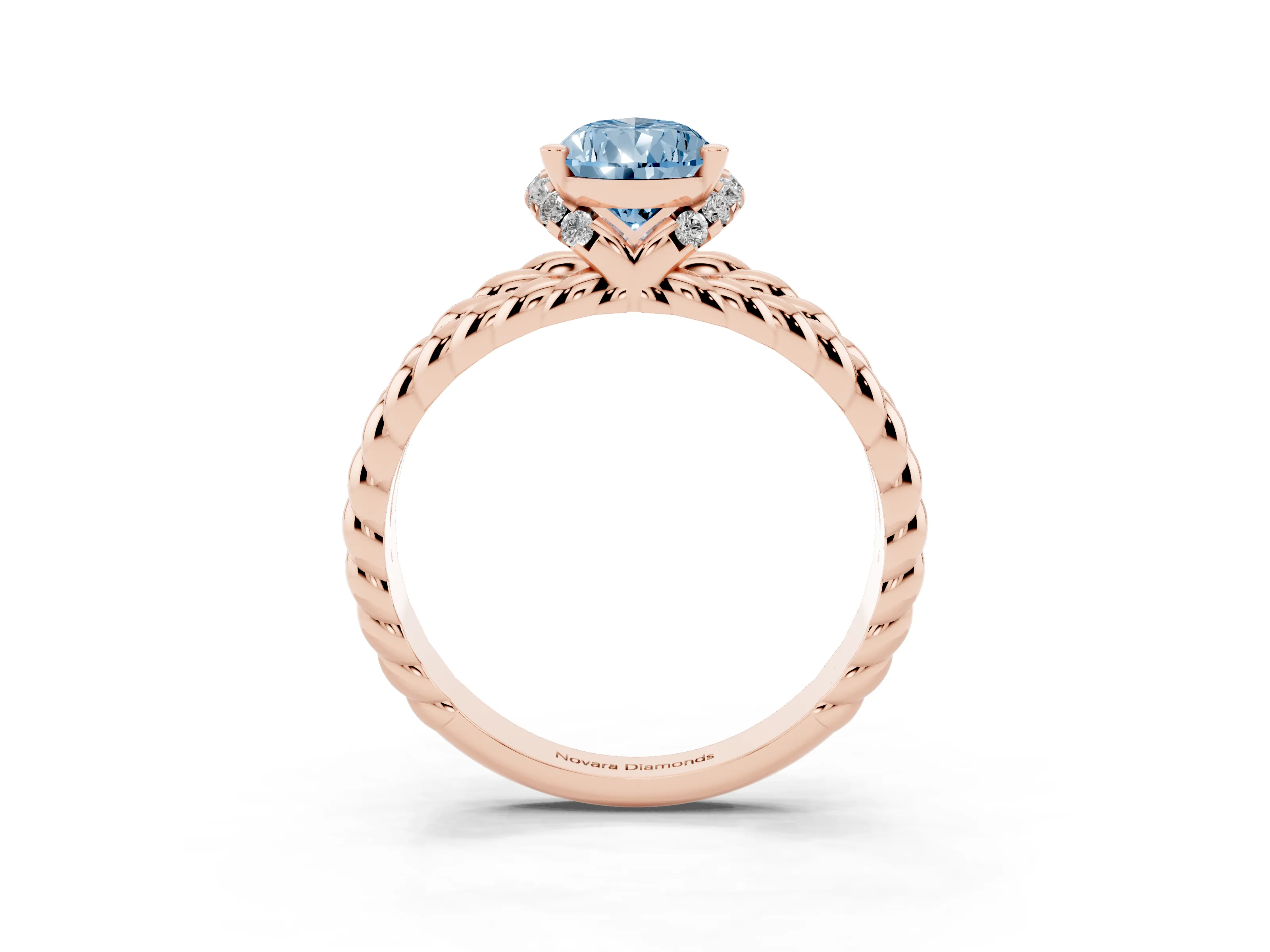 Fancy Blue Pear Cut Diamond Halo Ring Set in Rose gold with Twisted Band and Prong Setting