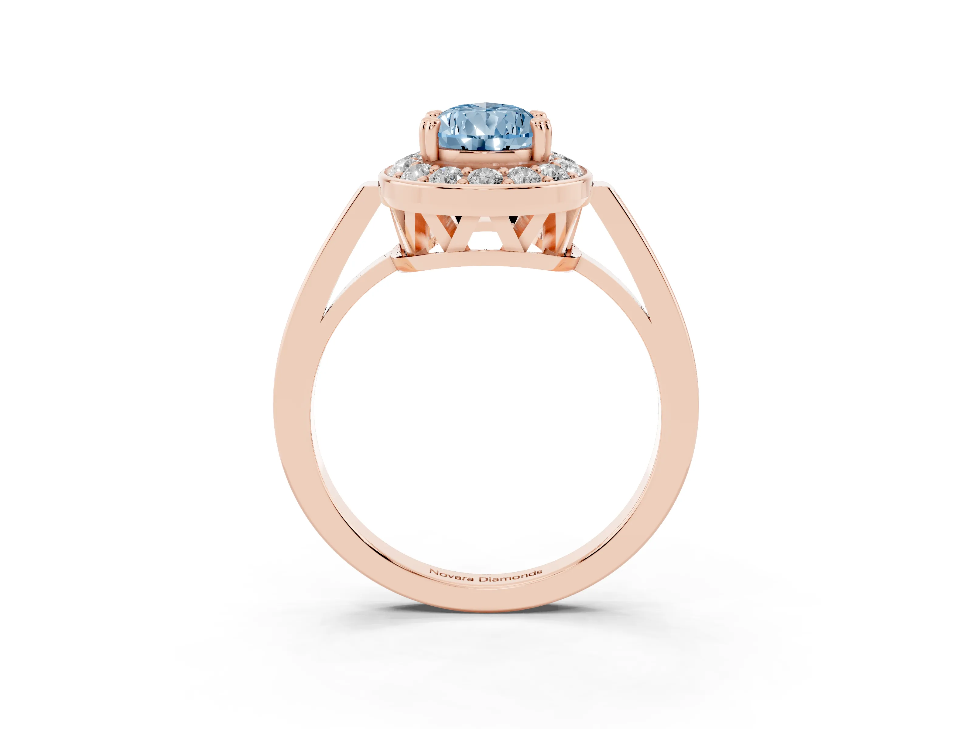 Fancy Blue Pear Cut Diamond Halo Ring Set in Rose gold with Accent-Lined Split Shank and Prong Setting