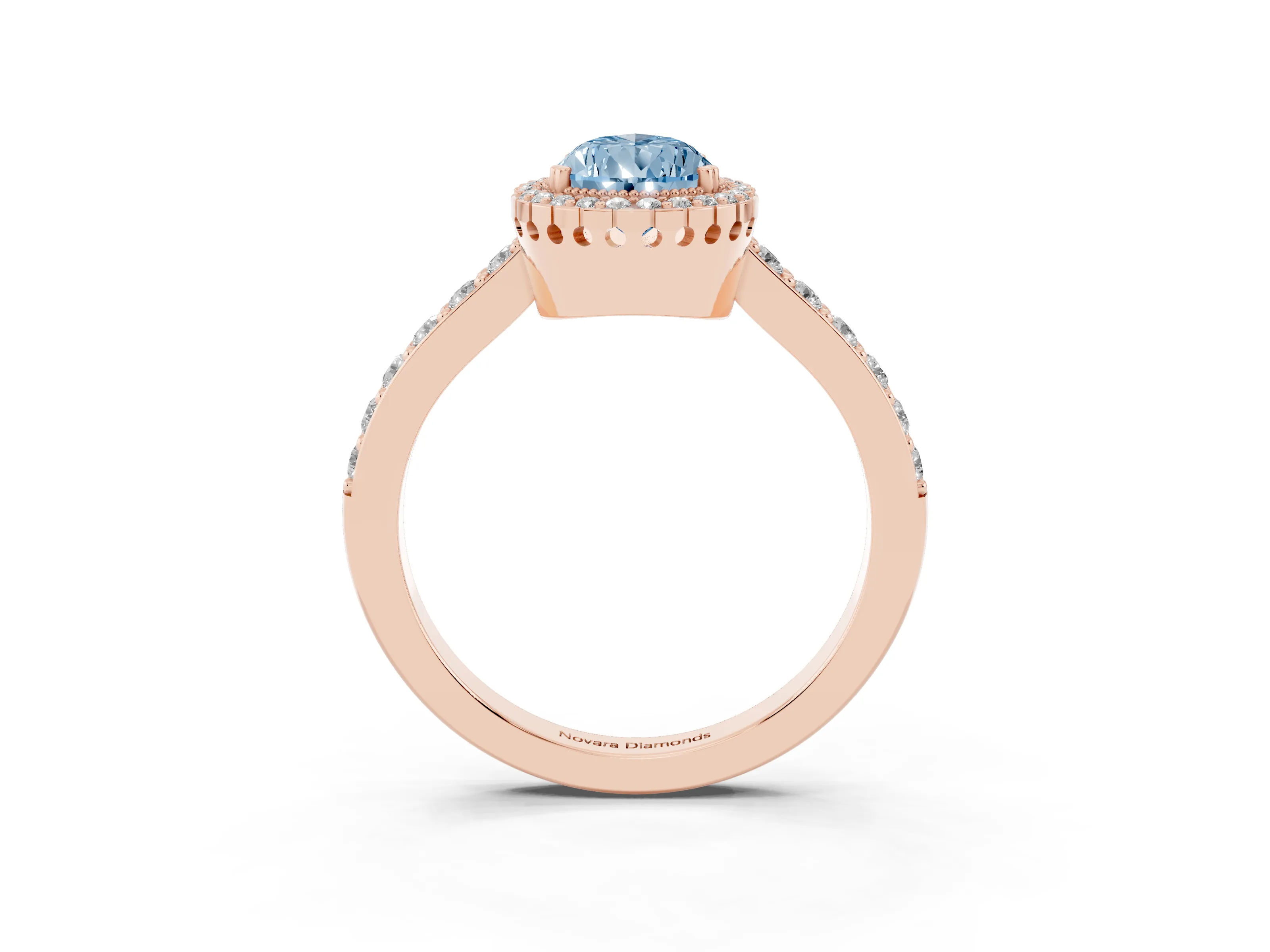 Fancy Blue Pear Cut Diamond Halo Engagement Ring Set in Rose gold with Milgrain Detail and Pavé Band