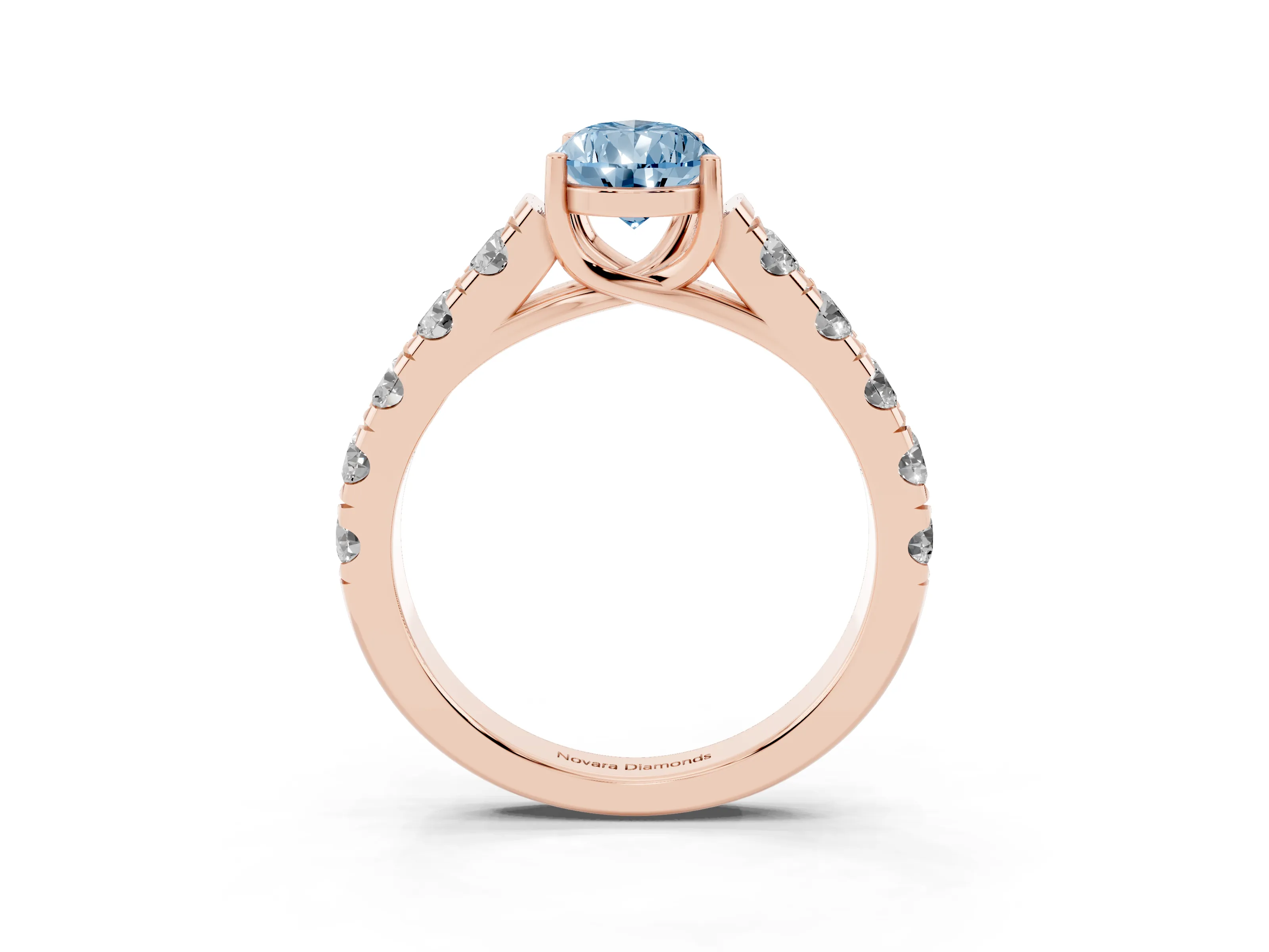 Fancy Blue Pear Cut Diamond Solitaire Ring Set in Rose gold with Cut-Down Micro Pavé Band and Prong Setting