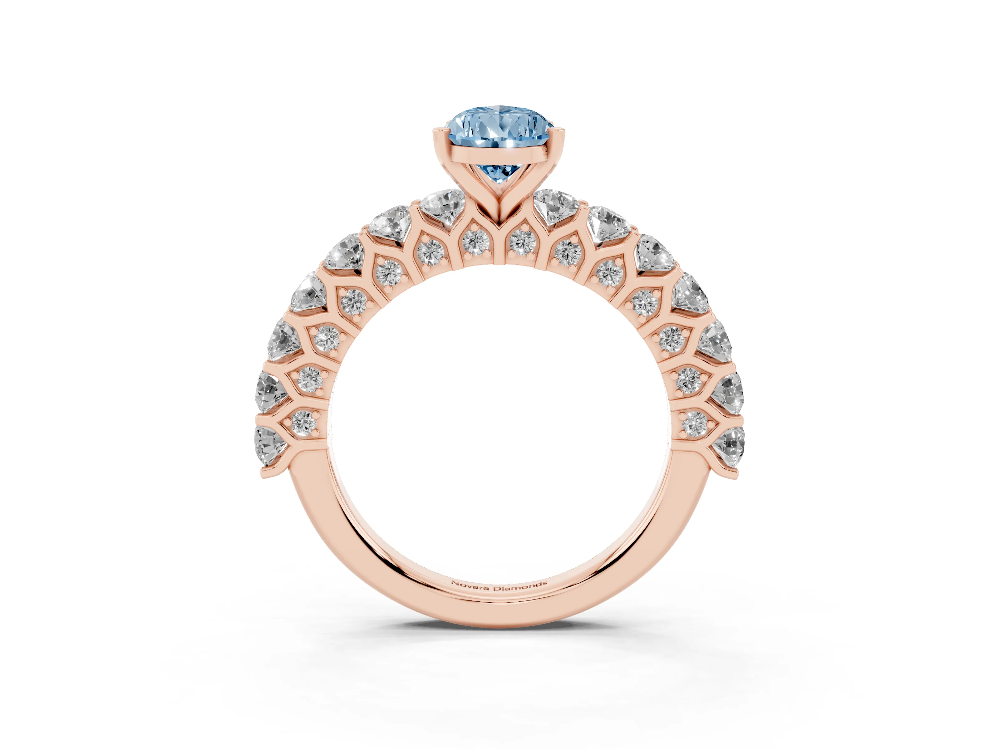 Fancy Blue Pear Cut Diamond Solitaire Ring Set in Rose gold with Shared Prong Pavé Band