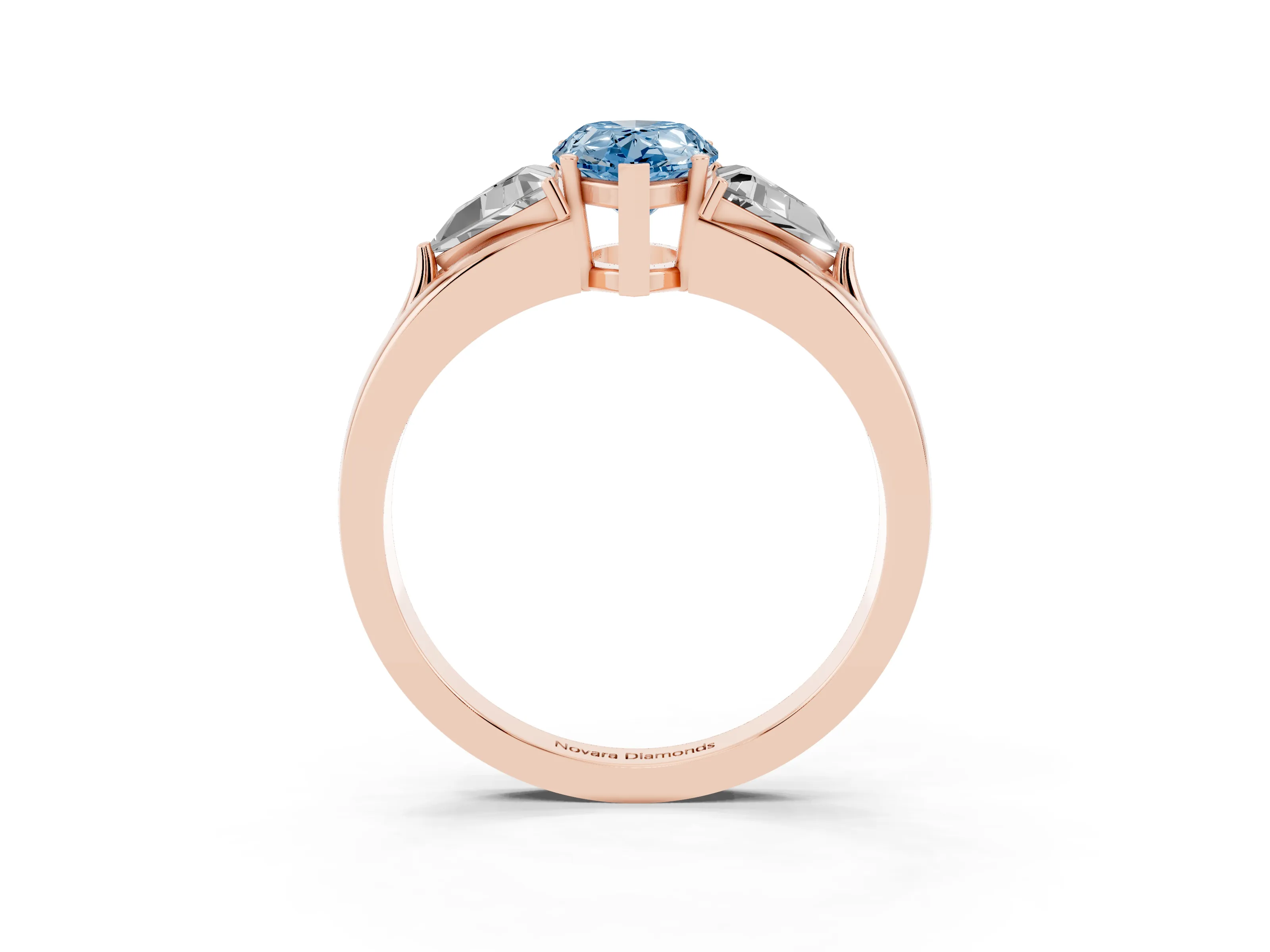 Fancy Blue Pear Cut Diamond Three-Stone Ring Set in Rose gold with Trillion Side Stones and Split Shank