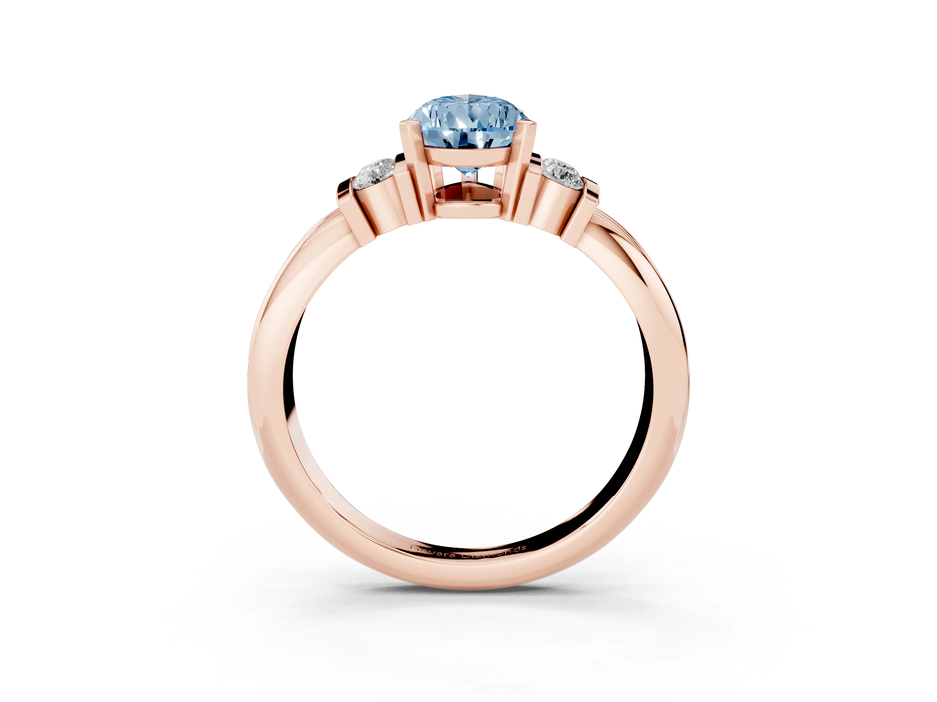 Fancy Blue Three-Stone Pear Cut Diamond Channel Set Ring Set in Rose gold with Bar Prongs