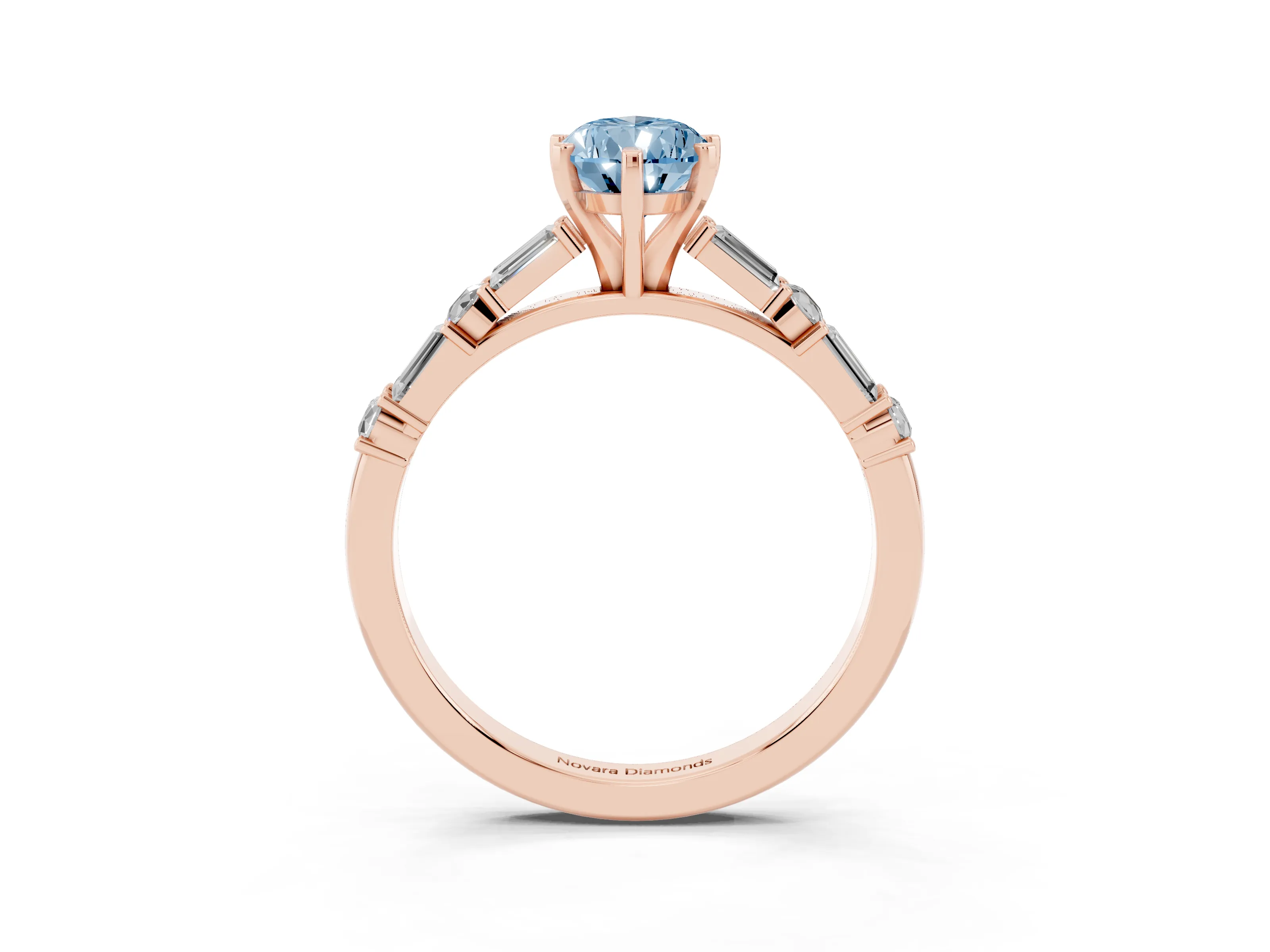 Fancy Blue Pear Cut Diamond Solitaire Set in Rose gold with Side Baguettes and Channel Set Band