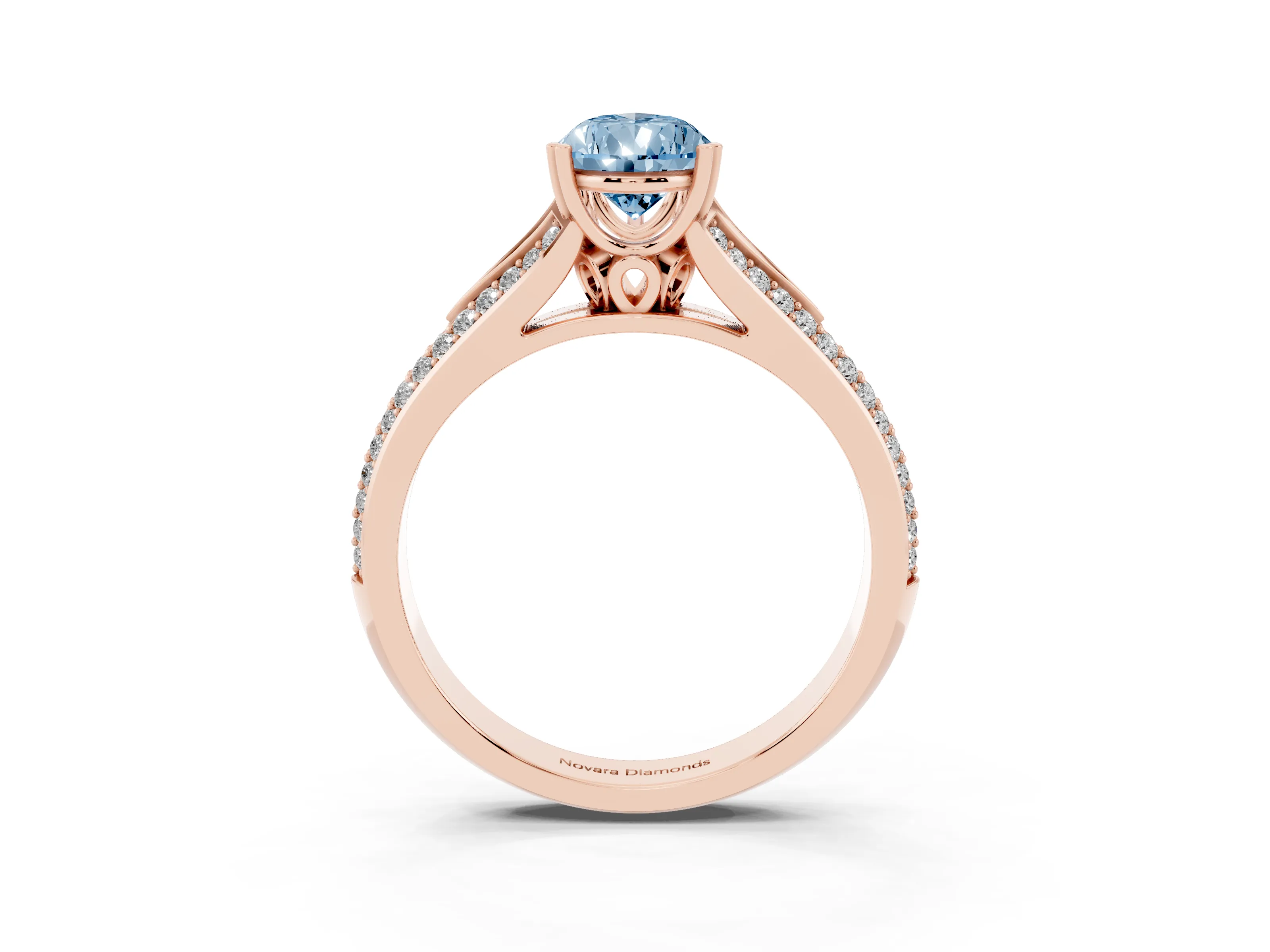 Fancy Blue Pear Cut Diamond Split Shank Pavé Engagement Ring Set in Rose gold with Prong-Set Center Stone